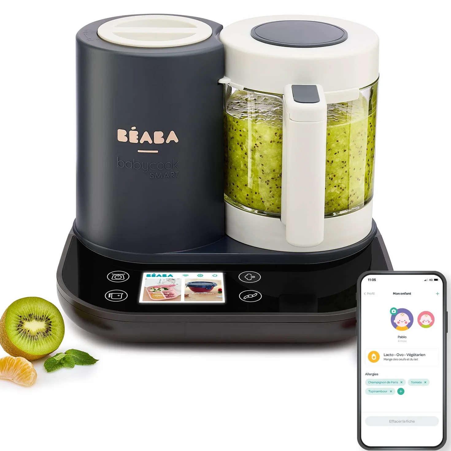 BÉABA BabycookSmart, Cuoci Pappa per Bambini, Bilancia, Ciotola in Vetro, Cestino Acciaio Inox, 2.25 L, Cottura Vapore, Schermo Tattile, Antracite