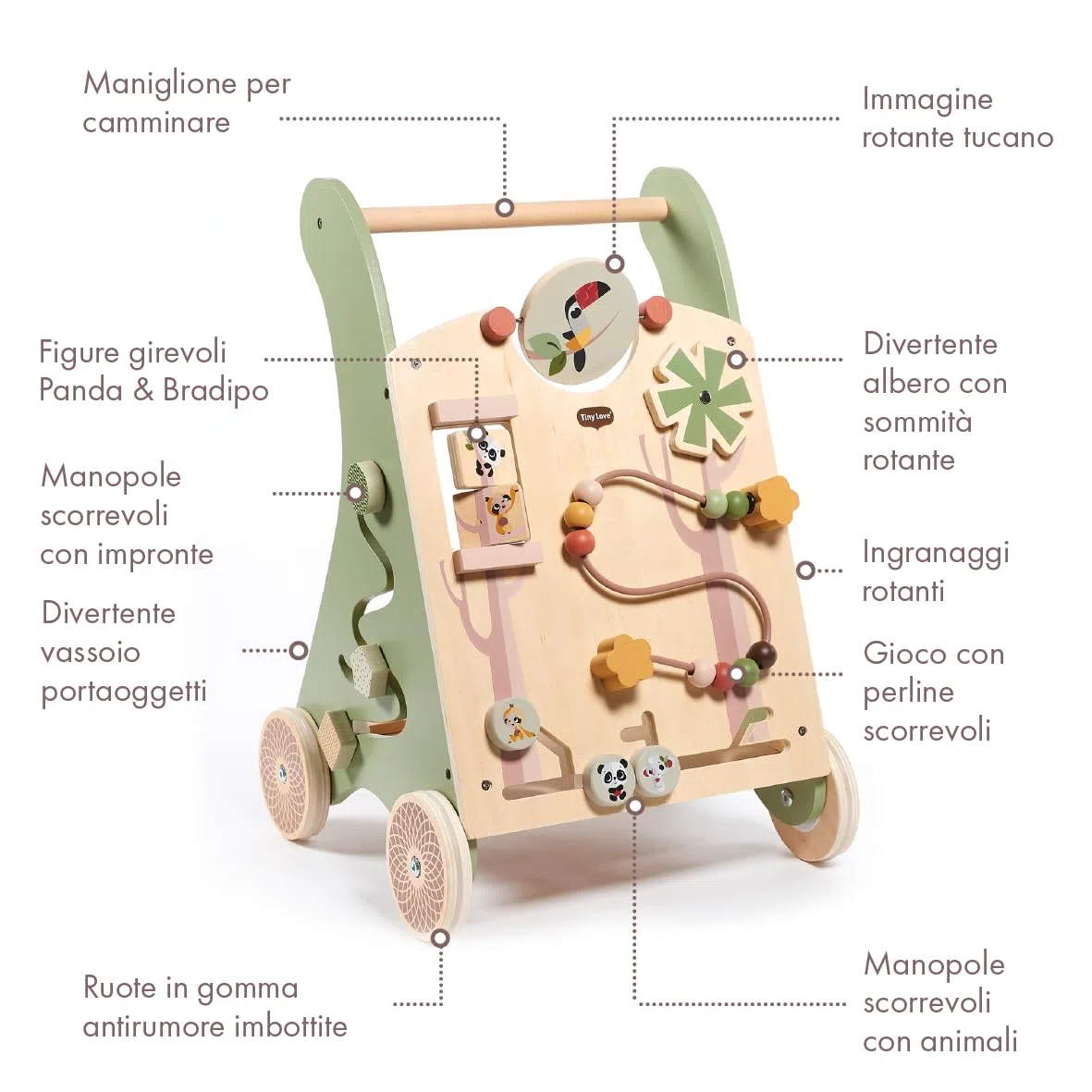 Tiny Love Walk Behind Carrello Primi Passi in Legno e Centro Attività Montessori, 12 Giochi Interattivi, Supporta Capacità Motorie e Sviluppo, Ruote Gommate Antiscivolo, 18+ Mesi, Boho Chic