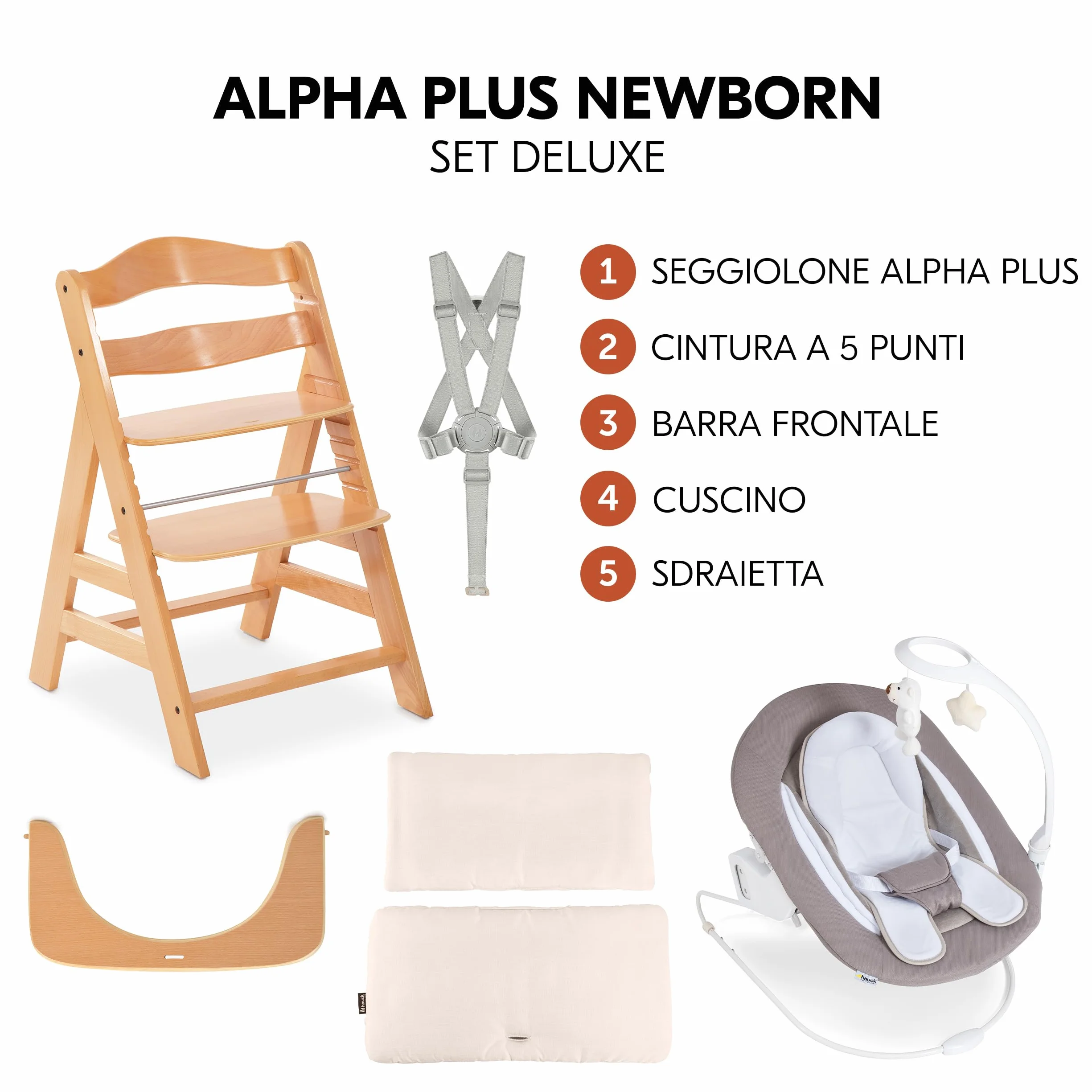 Hauck Alpha Plus Newborn Set Deluxe Seggiolone Evolutivo Legno Naturale con Sdraietta Dondolo e Cuscino