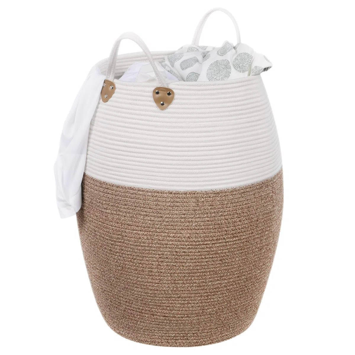 SONGMICS Cesto in Corda di Cotone, Cestello Portaoggetti con Maniglie, Portabiancheria da 125L, per Abiti Giochi Coperte, Salotto Camera da Letto, 50 x 65 cm (Diam. x A), Marrone e Beige LCB421N01