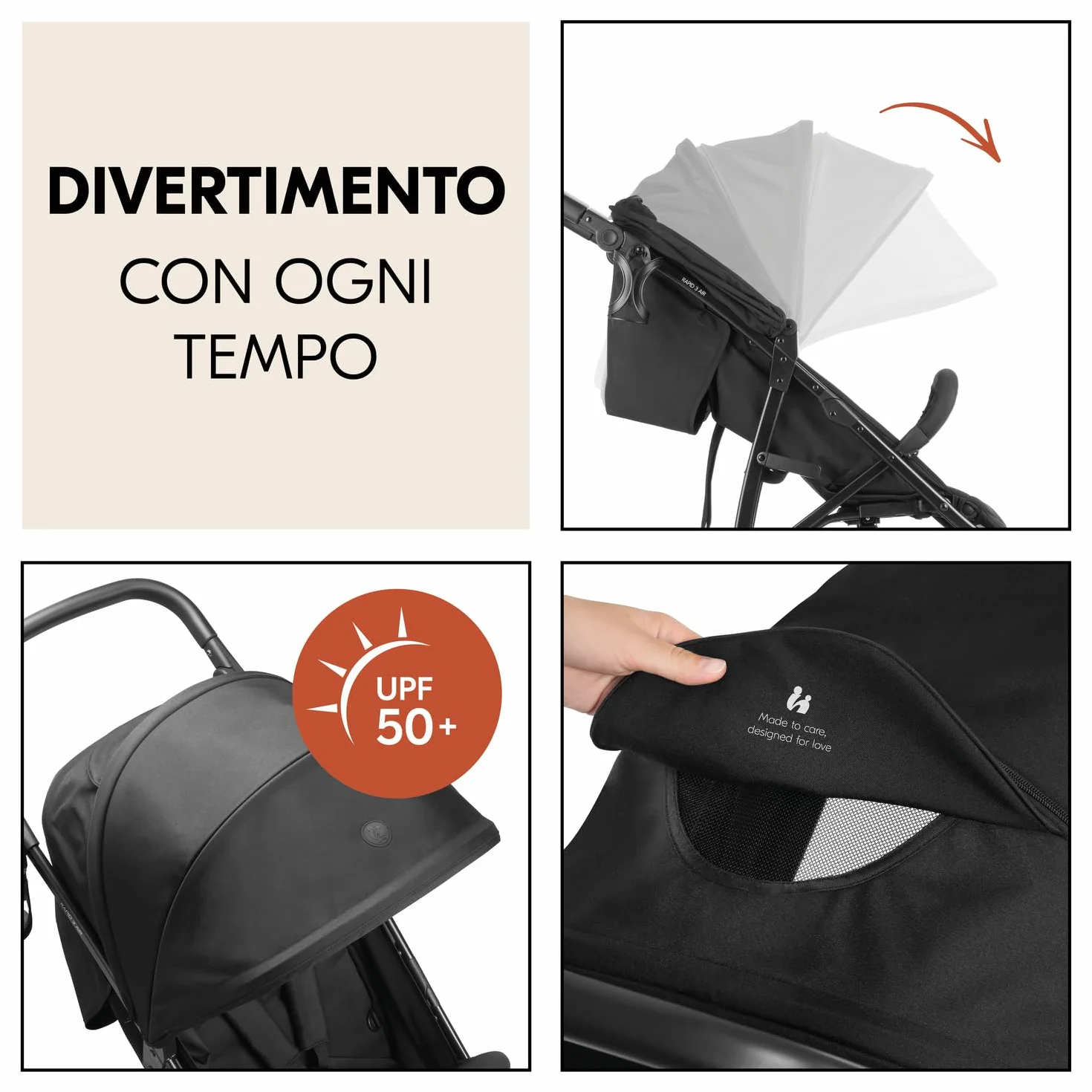 Hauck Rapid 3 Air Nero Passeggino 3 Ruote Gonfiabili Ammortizzate dalla Nascita fino a 22 kg Schienale Reclinabile Maniglione Regolabile Cappotta UPF 50+ Cesto Portoggetti Pieghevole