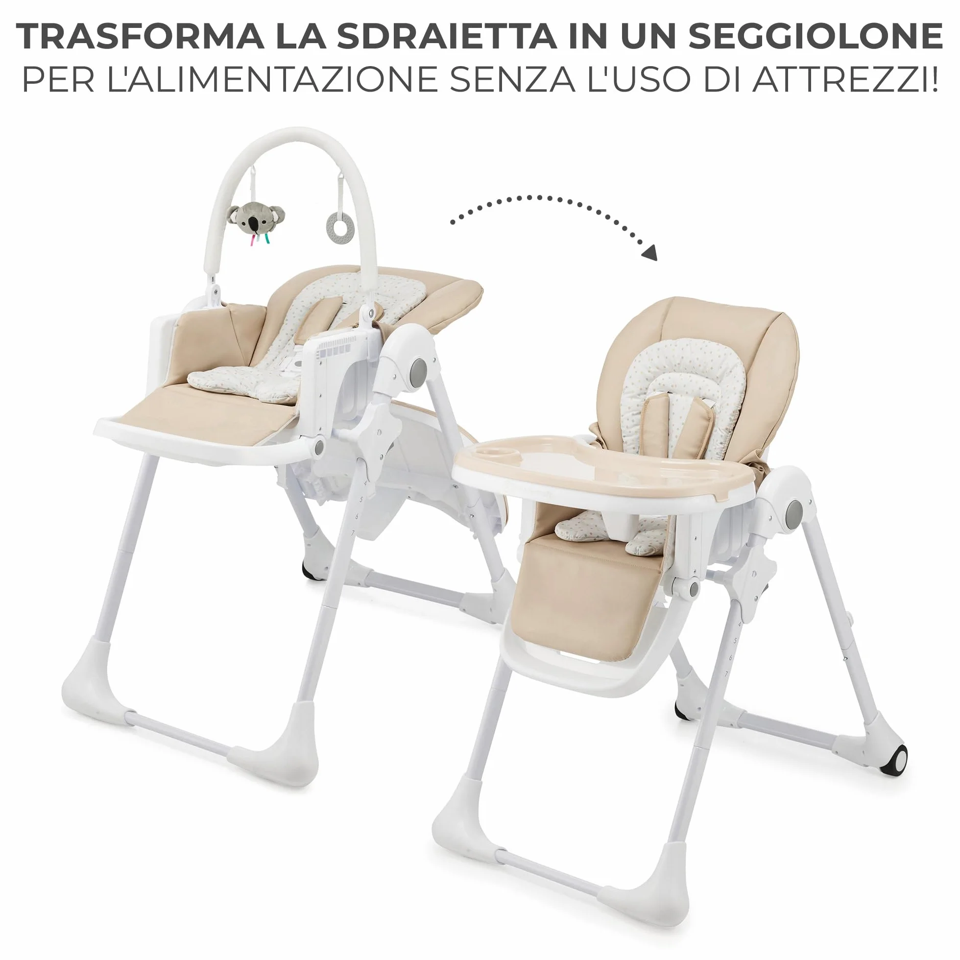 Kinderkraft TUMMIE Seggiolone 2 in 1 Ergonomico Reclinabile Pieghevole Altezza Regolabile Beige