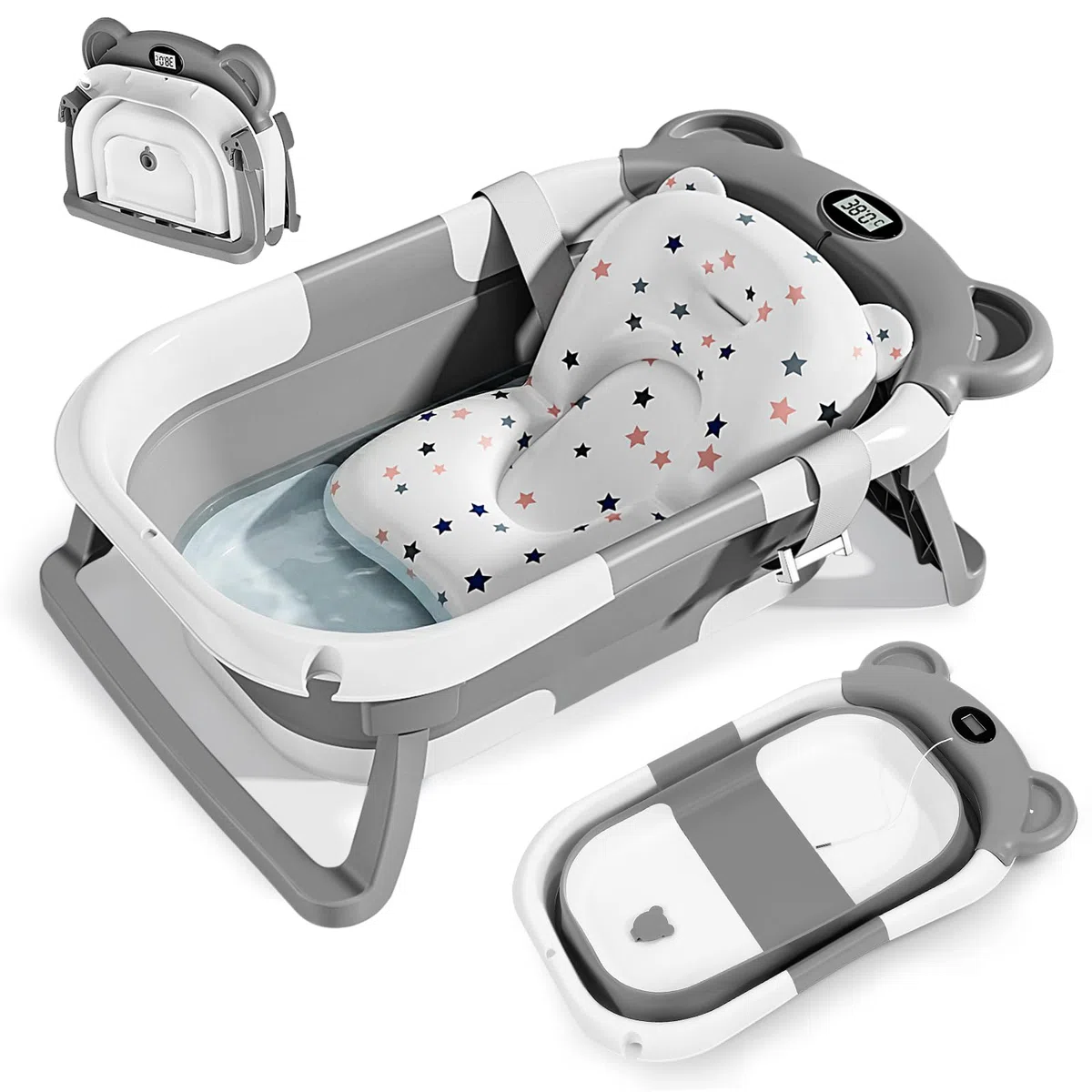 Vaschetta Bagnetto Neonato, Vaschetta per il Bagnetto Pieghevole con Cuscino da Bagno Antiscivolo, Con Termometro Integrato per Neonati da 0 a 36 Mesi (Grigio)