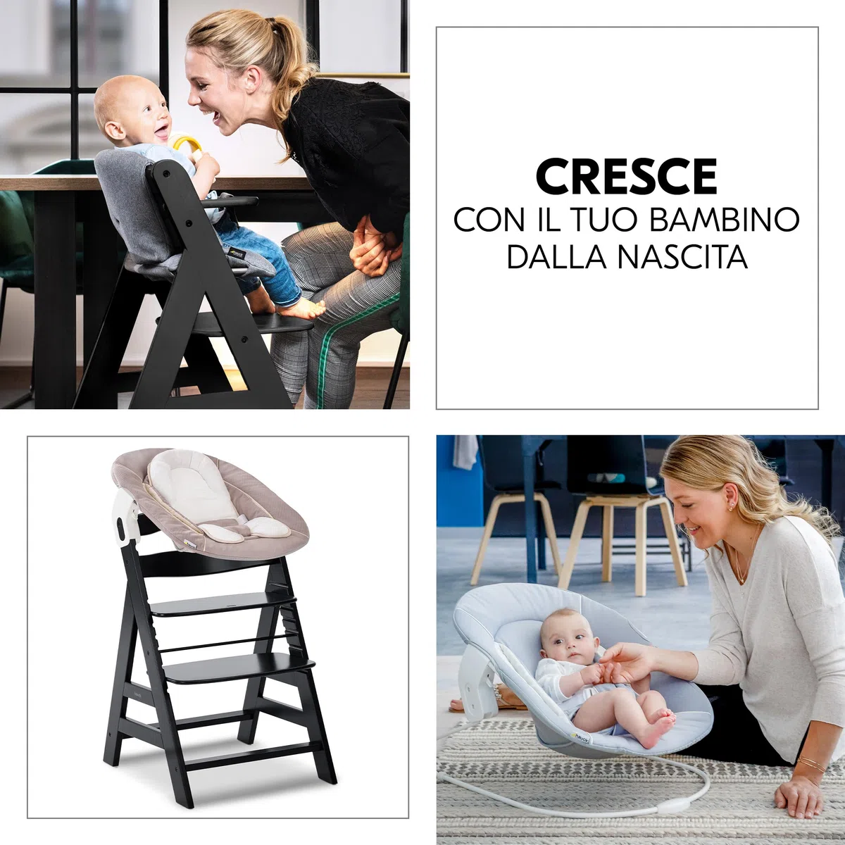 hauck Seggiolone Pappa Alpha Plus Set Newborn - Seggiolone Pappa Bimbi in Legno, Evolutivo con Sdraietta Neonato 2in1 e Cuscino - Nero