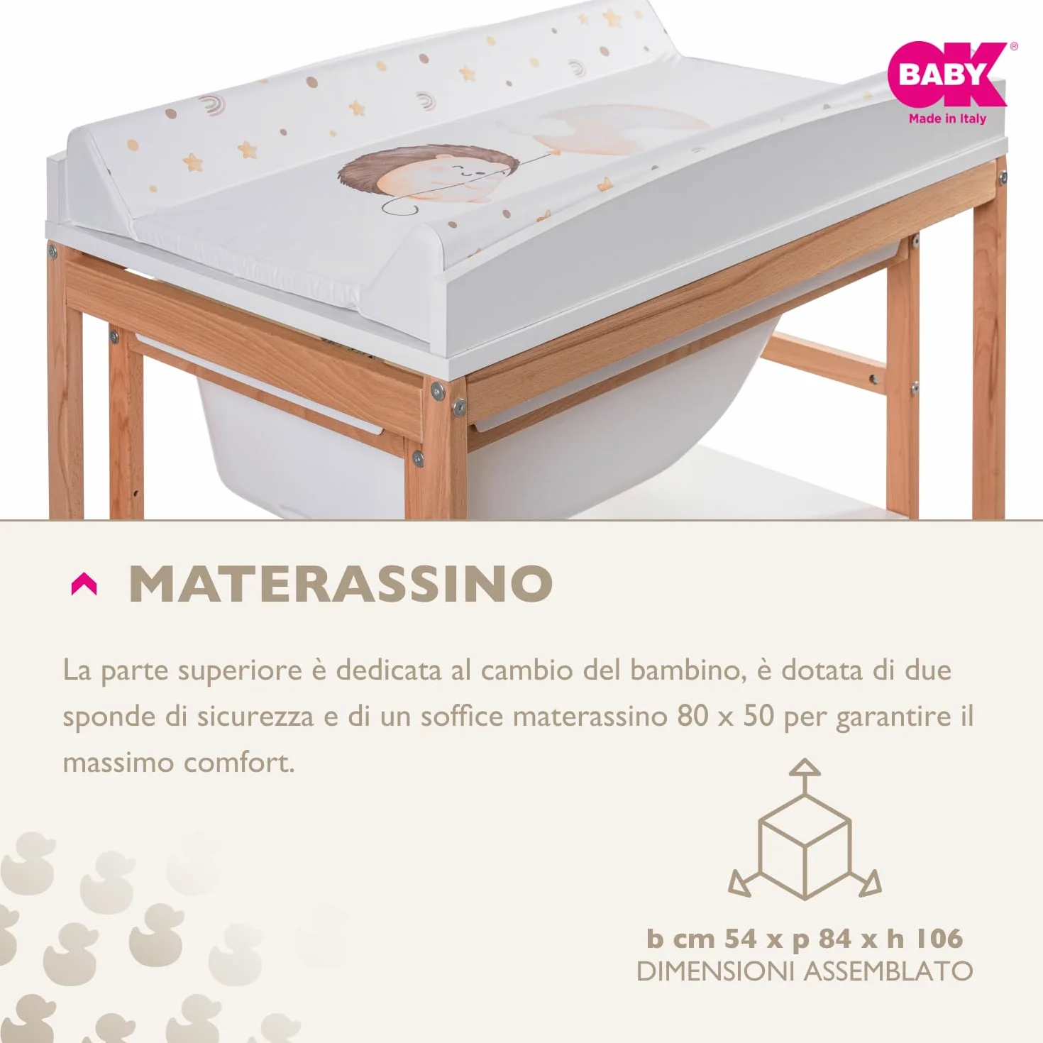 OKBABY Woody - Fasciatoio in Legno con Vaschetta Ergonomica e Ruote, Completo di Materassino Soffice per il Cambio del Neonato - 0-12 Mesi (11kg) - Bianco