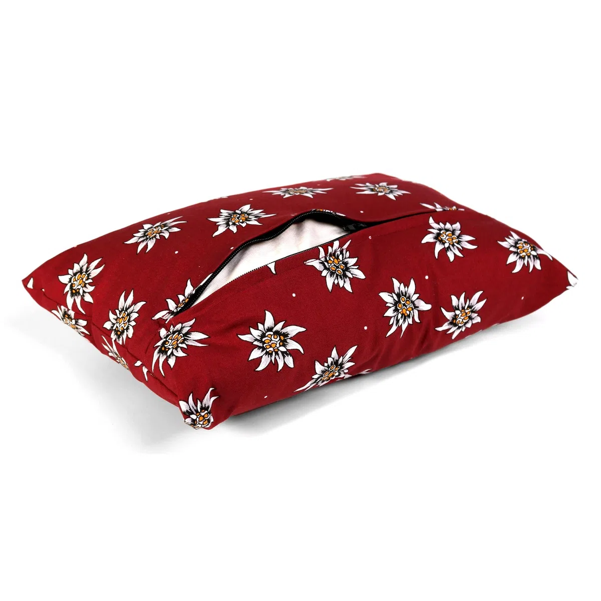 Cuscino di pino cembro con fodera interiore bio e federa esteriore -Fiori edelweiss, 30 x 20cm - Profumo di pino cembro naturale al 100%