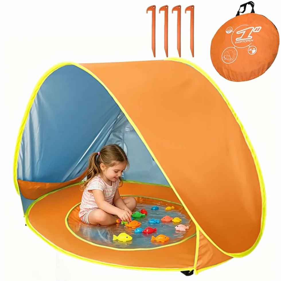 Tenda da Spiaggia Bambini Pop Up con Mini Piscina Protezione UV UPF 50+ Portatile Arancione