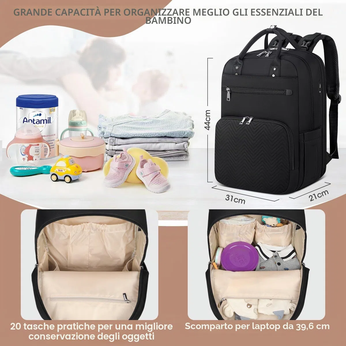 RAINSMORE Zaino Mamma Multifunzione Zaino Fasciatoio Grande Capacità Borsa Neonato con Fasciatoio Portatile Zaino Passeggino per Mamma e Papà Nero