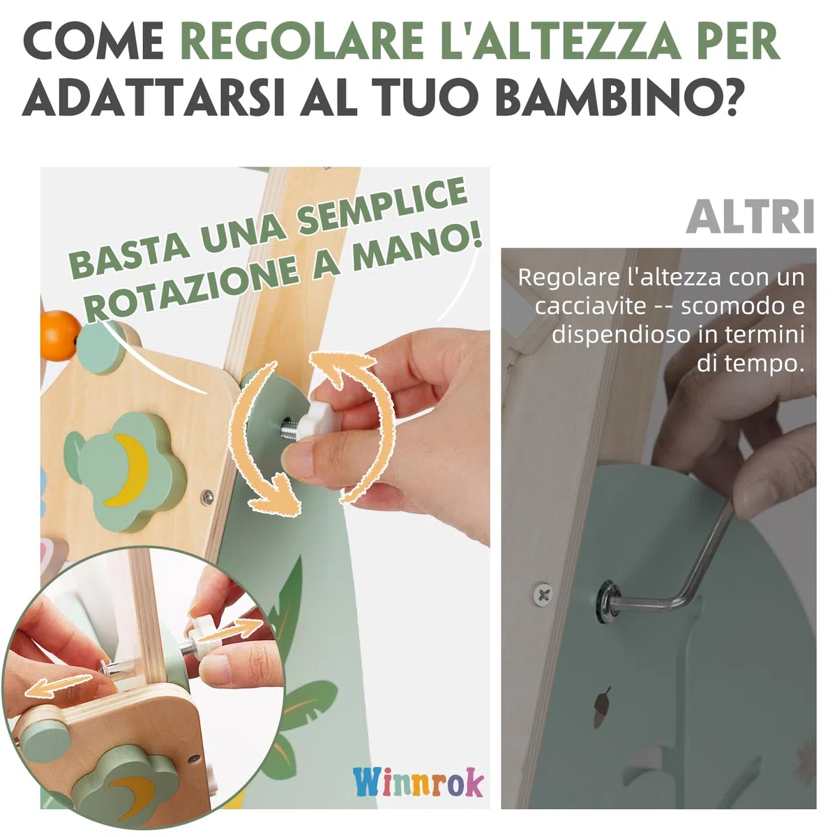 Carrello Primi Passi in Legno, Girello Montessori con Centro Attività, Girello Neonato Altezza e Velocità Regolabili, Perfetto come Regalo di Compleanno o Natale, Girello per Bambini 6-18 Mesi