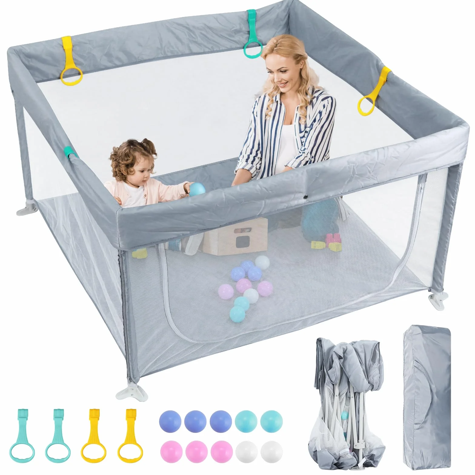 eSynic Playpen Bambini 120x120 cm Pieghevole con Pallini e Maniglie, Recinto Neonati Modulare, Porta Zip, Borsa Viaggio - Grigio
