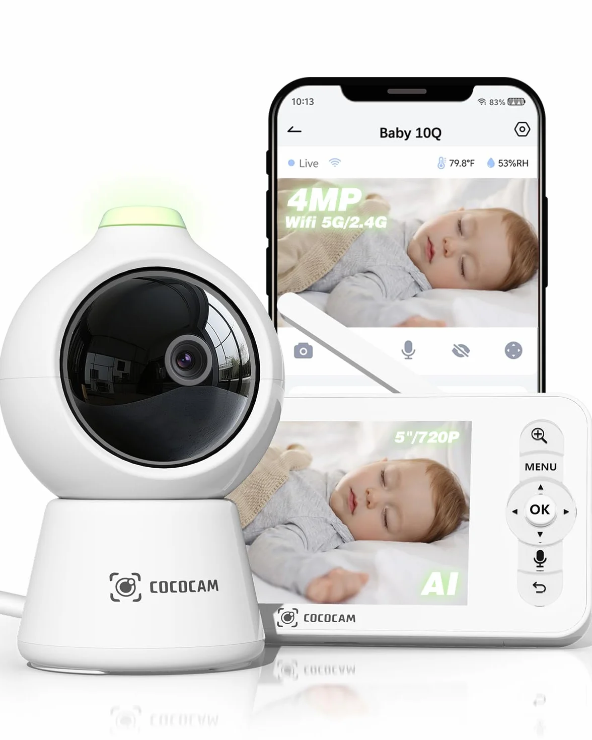COCOCAM 2K 4MP AI Baby Monitor con 5" LCD, 2,4G/5GHz WiFi, Rilevamento Volto Coperto, Tracciamento Automatico