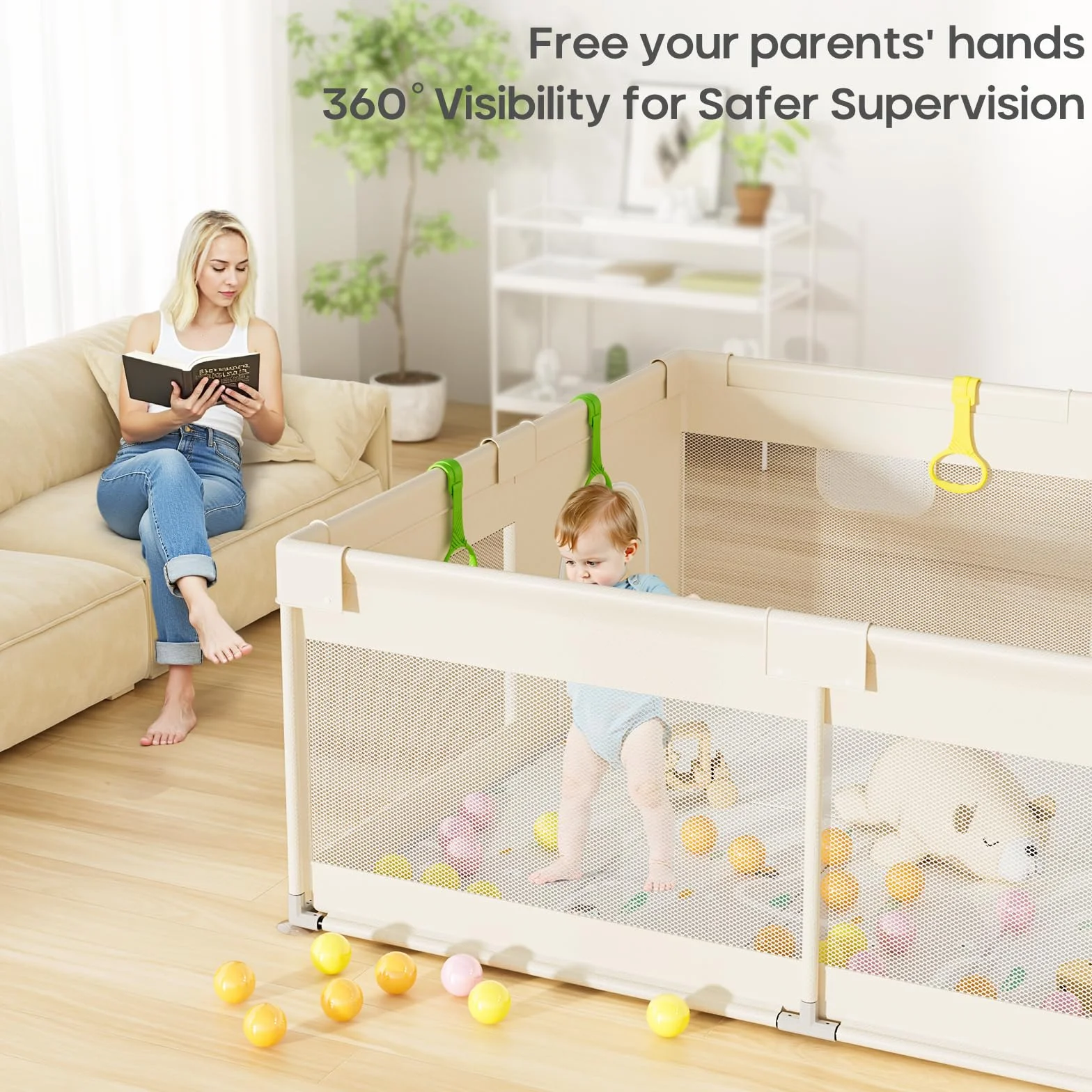 Beige Box Bambini con Materassino - Box Neonato 150×180cm,Recinto per Bambini con 4 Anelli,Imbottitura Morbida