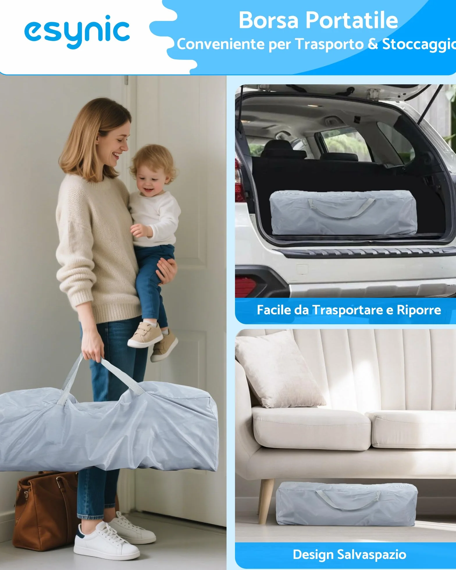 eSynic Playpen Bambini 120x120 cm Pieghevole con Pallini e Maniglie, Recinto Neonati Modulare, Porta Zip, Borsa Viaggio - Grigio