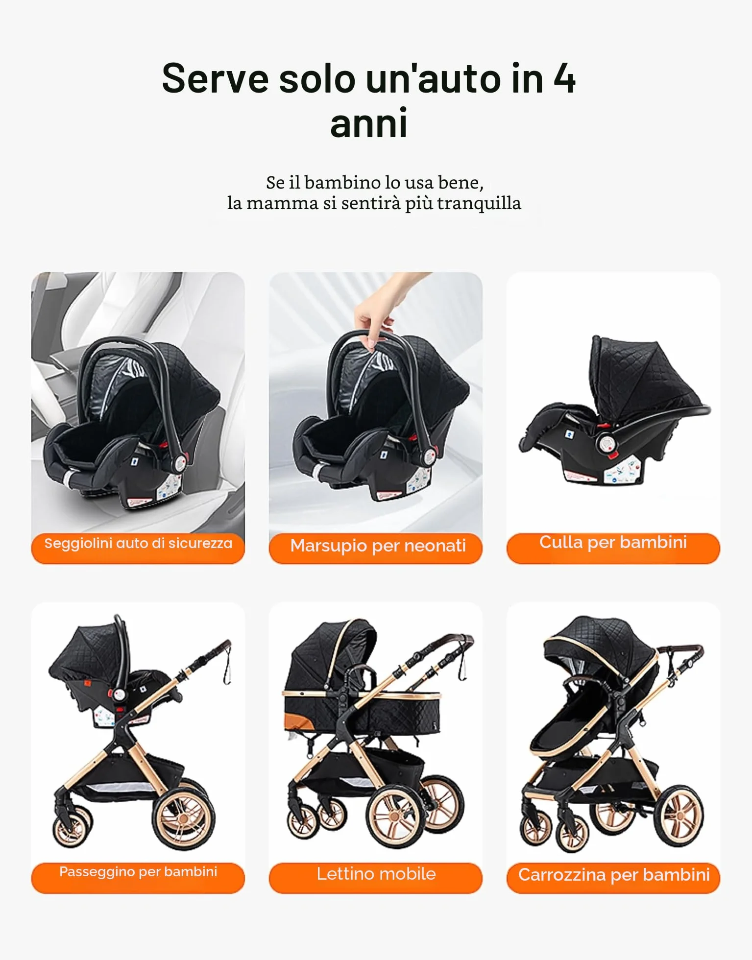 Passeggino 3 in 1 Sistema da Viaggio Pieghevole con Pneumatici in Gomma, Gondola, Adattatori, 25 kg