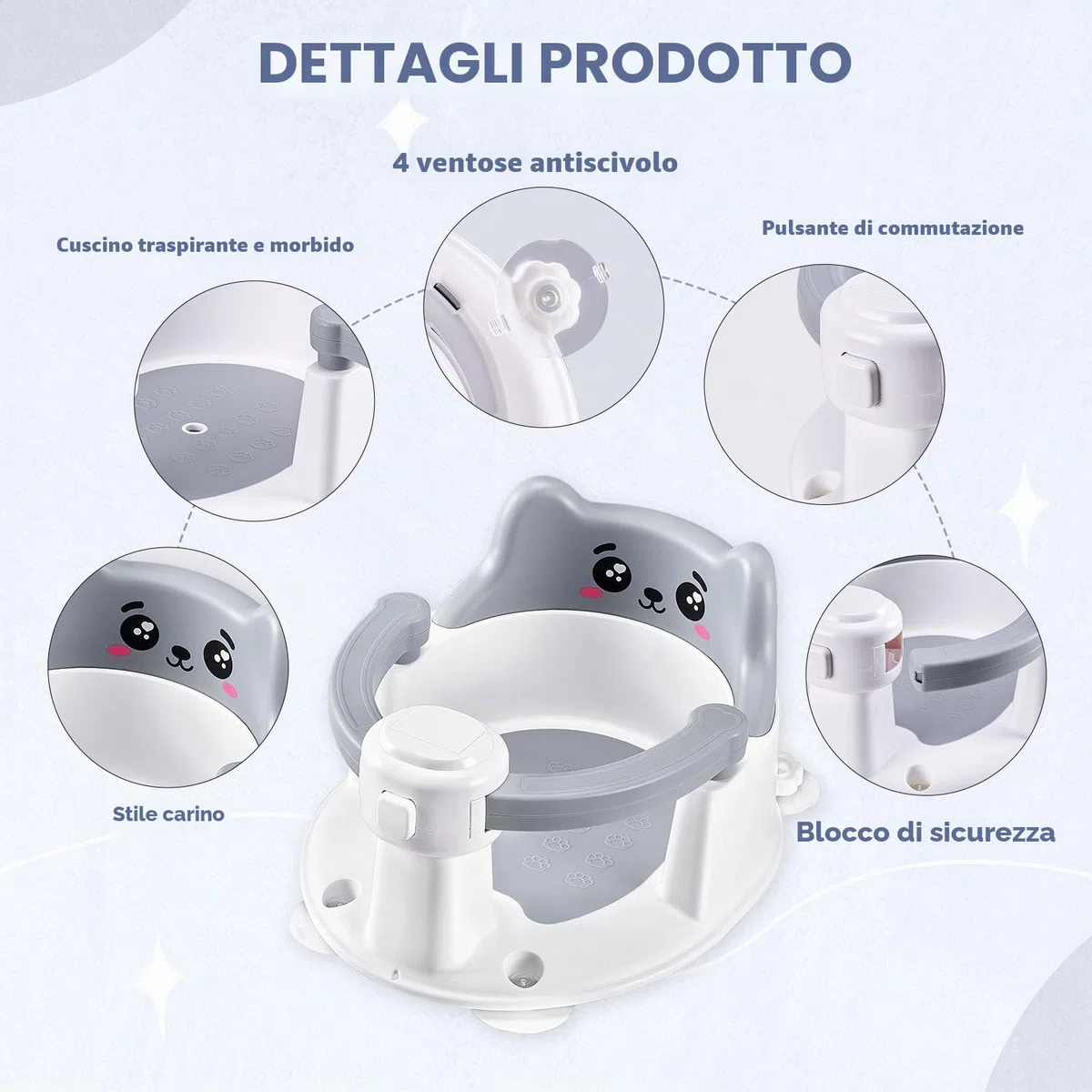 Seggiolini Per Bagnetto, Seggiolino Doccia Neonato, Seggiolino per Vasca da Bagno per Bambini a Partire da 6 Mesi, con 4 Potenti Ventose, per Doccia o Vasca