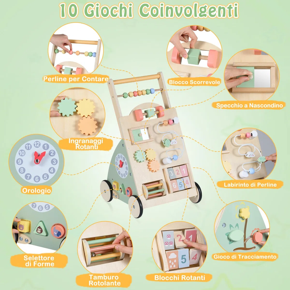 COSTWAY Carello Primi Passi in Legno per Bambini, Girello Montessori con Centro Attività, Ruote e Cestino Portaoggetti, Gioco Educativo per Bambini 12 + Mesi (Modello 5)