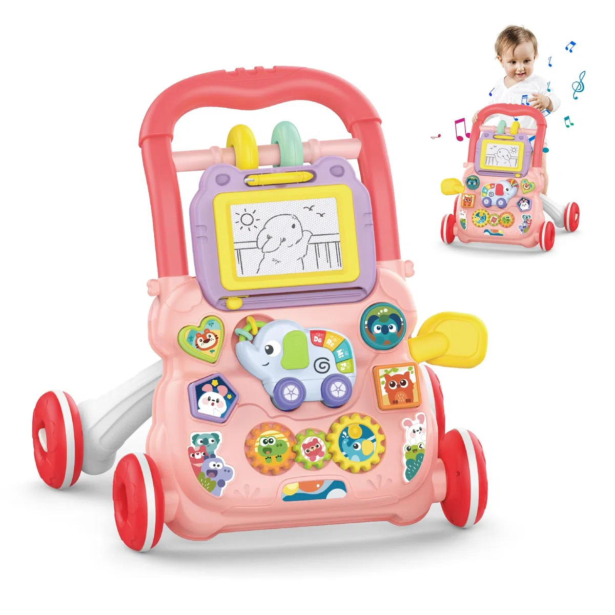 Camminatore per Bambini da Seduto a in Piedi, 2 In 1 Giocattolo a Spinta Bambini con Musica e Lavagna da Disegno, Centro di Attività Educativa Precoce Multifunzionale per Neonati 12M+ (Rosa)
