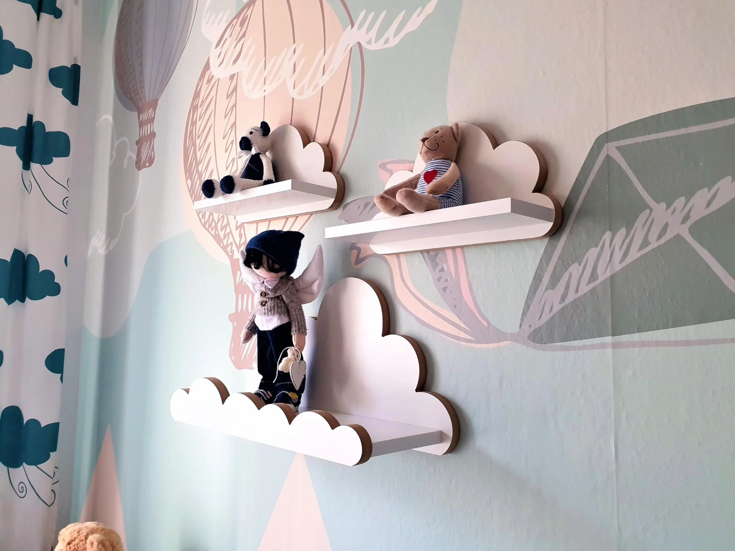 Scaffale a nuvola per cameretta bambini 3 pezzi mensola parete bianco legno stile scandinavo decorazione con kit