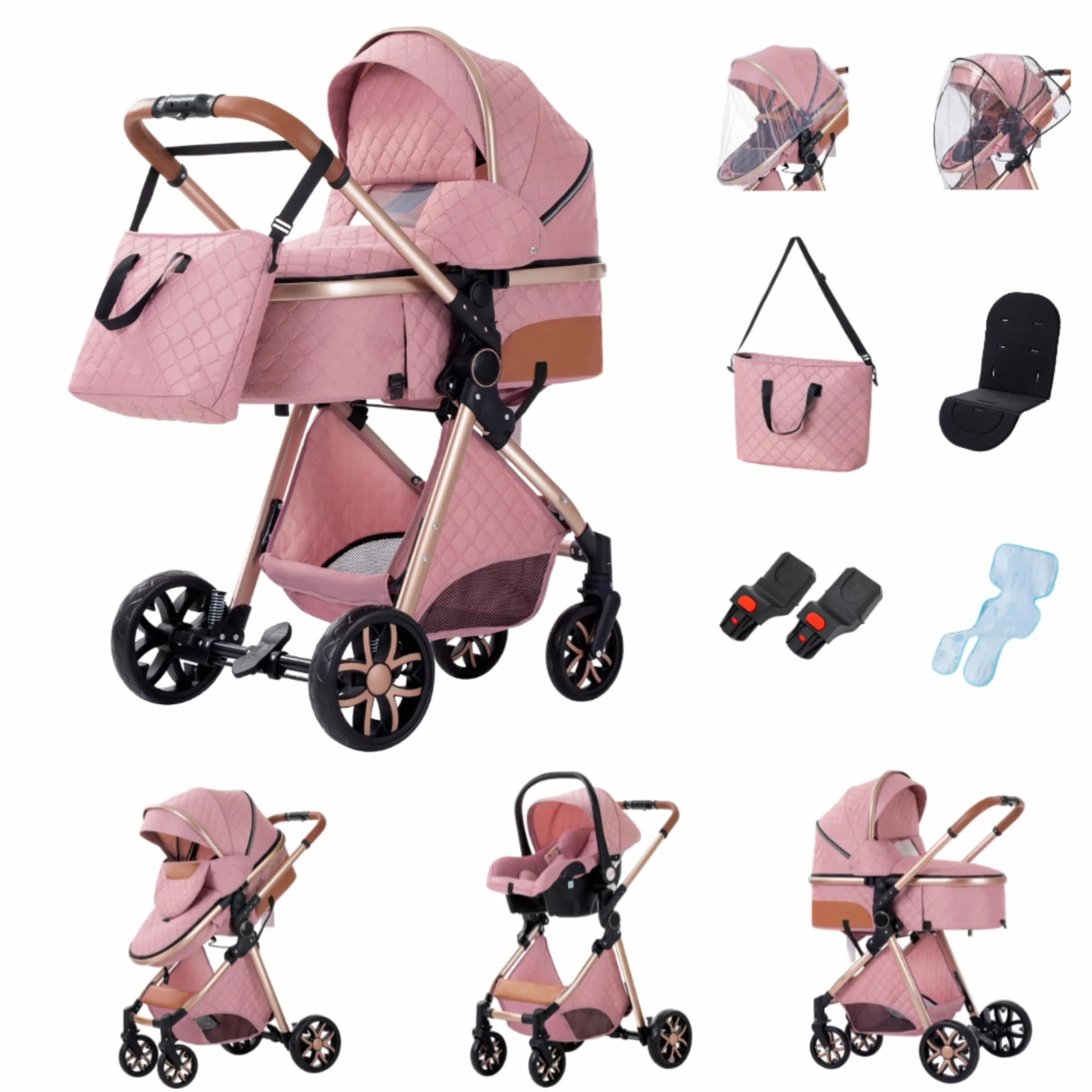 YAZOCO Passeggino 3 in 1 Trio, Con Seggiolino, Navicella, 4 Ruote Ammortizzate, LV9 Rosa