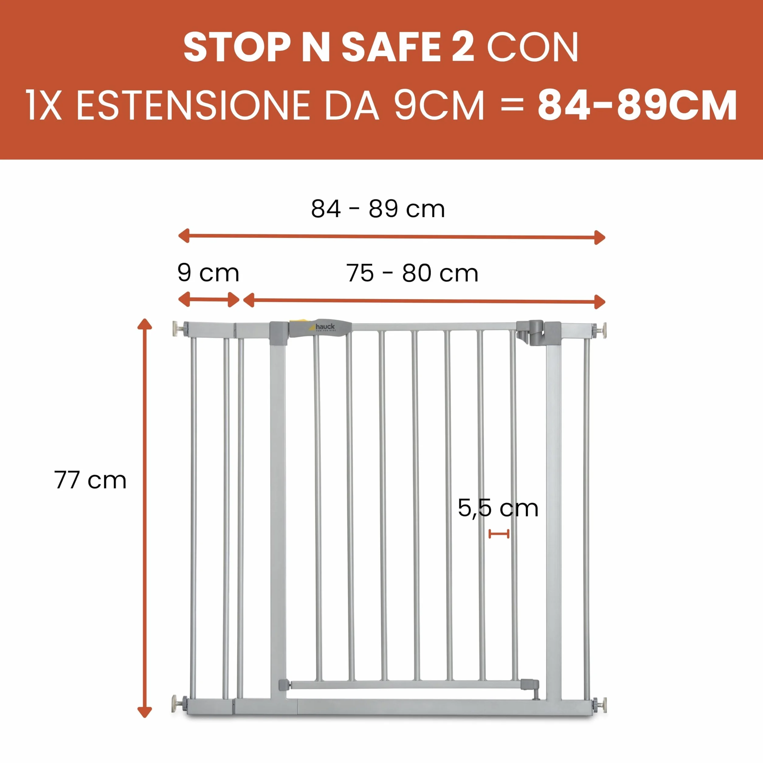 Hauck Stop N Safe 2 Cancelletto di Sicurezza Bambini e Cani 84-89 cm Barriera Porta e Scala Chiusura Manuale Montaggio a Pressione Senza Fori Interno