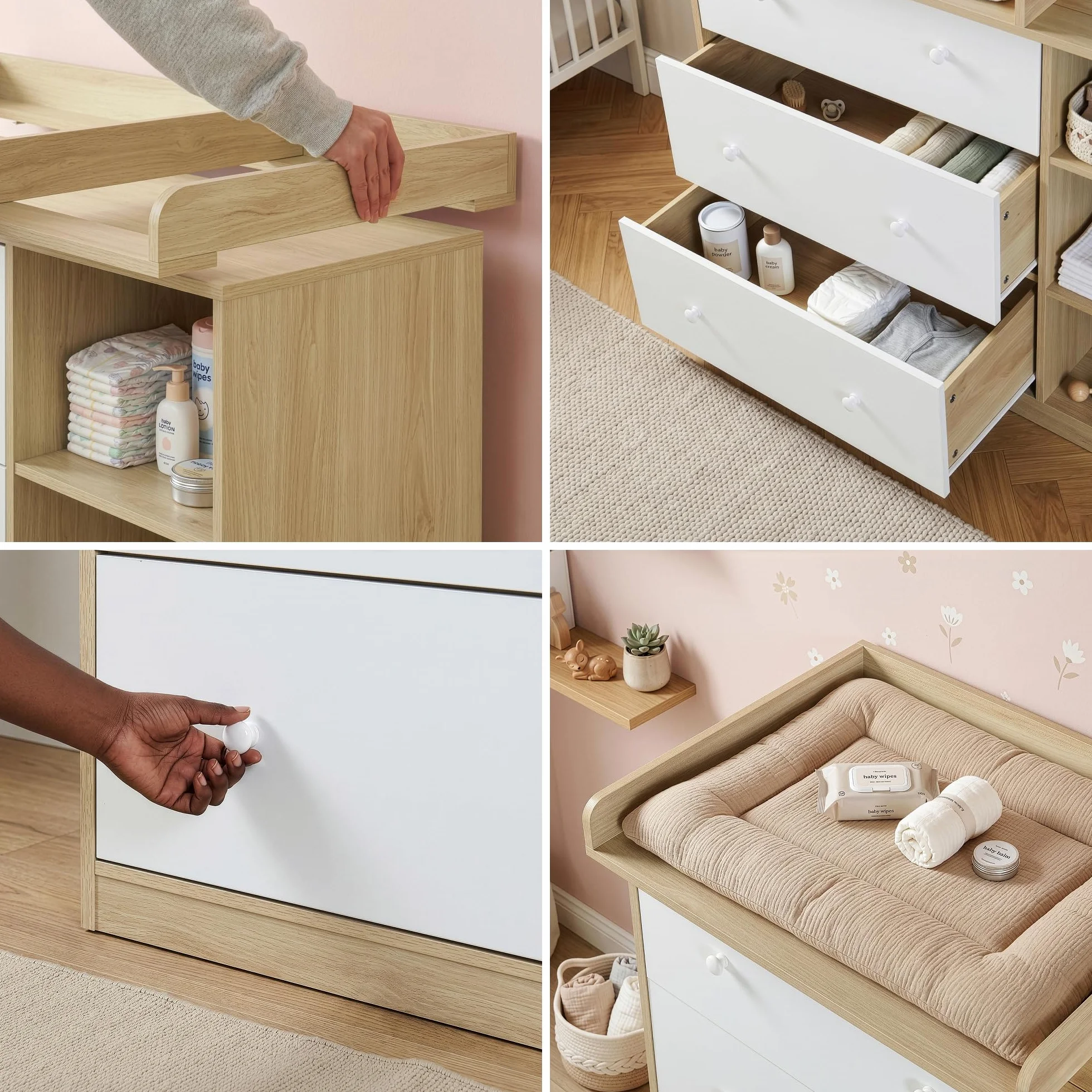 Cassettiera con Piano Fasciatoio Rimovibile 3 Cassetti 93x110x55 cm Effetto Rovere/Bianco