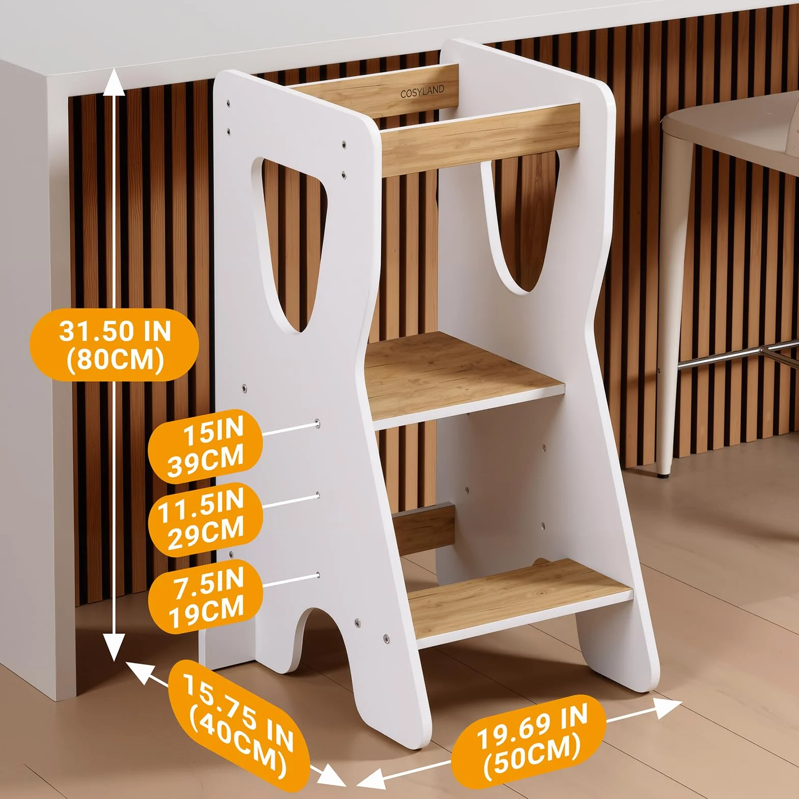 COSYLAND Torre Montessoriana Bambini Legno Naturale 3 Altezze Regolabili Bianco e Naturale