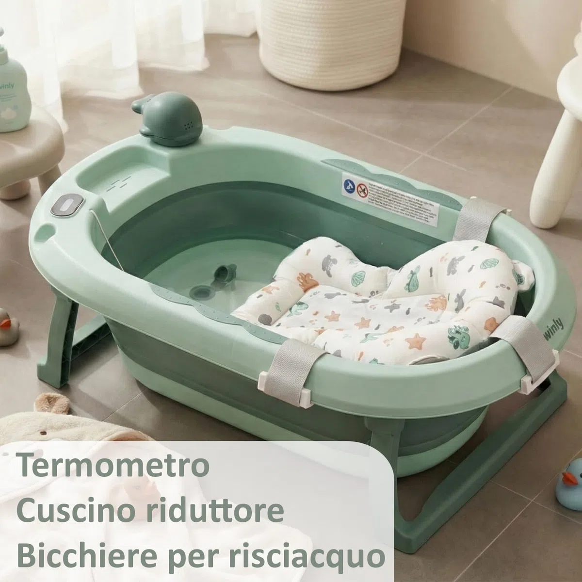 Twinly Bubbly Fasciatoio Neonato con Termometro Integrato - Vaschetta Bagnetto Pieghevole 2 in 1 - Accessori Neonato Utili 0-3 Mesi - Materassino Impermeabile (verde)