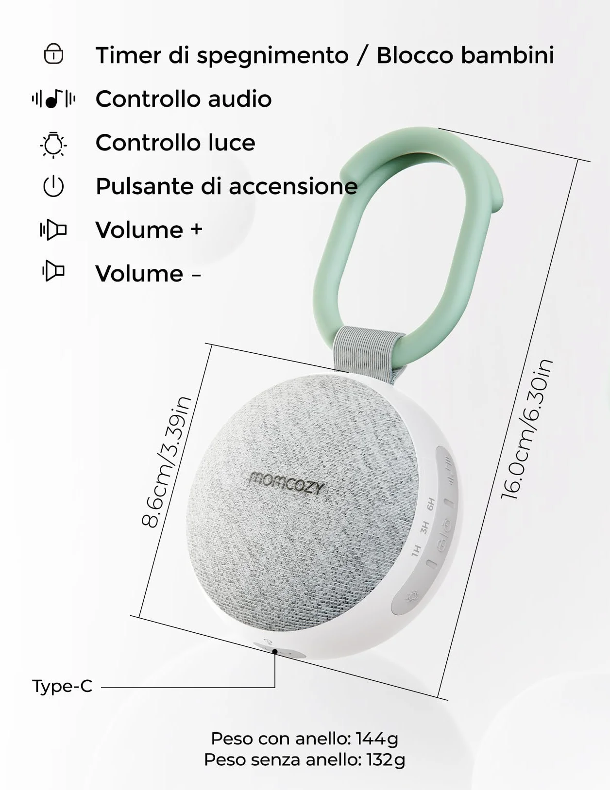 Momcozy WN06 Macchina Rumori Bianchi Neonato Portatile con Luce Notturna, 20 Suoni Rilassanti, Altoparlante Bluetooth, Timer
