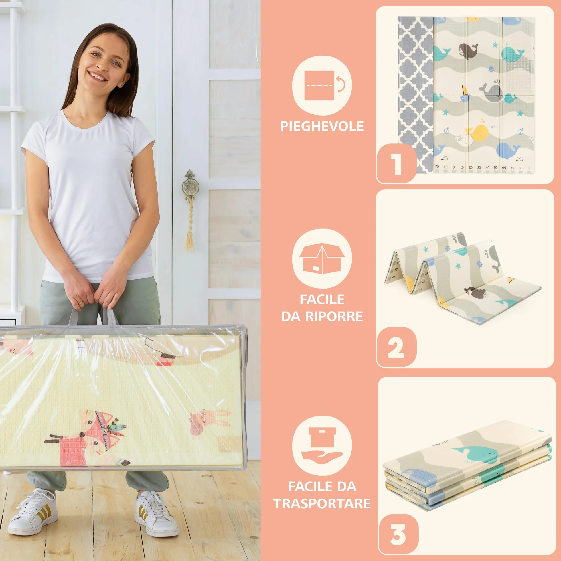 Sweety Fox Tappeto Gioco Bambini 200x180 1.5cm - Tappeto Neonato morbido Pieghevole, Reversibile, Impermeabile in Schiuma - Tappeto Cameretta - Balena