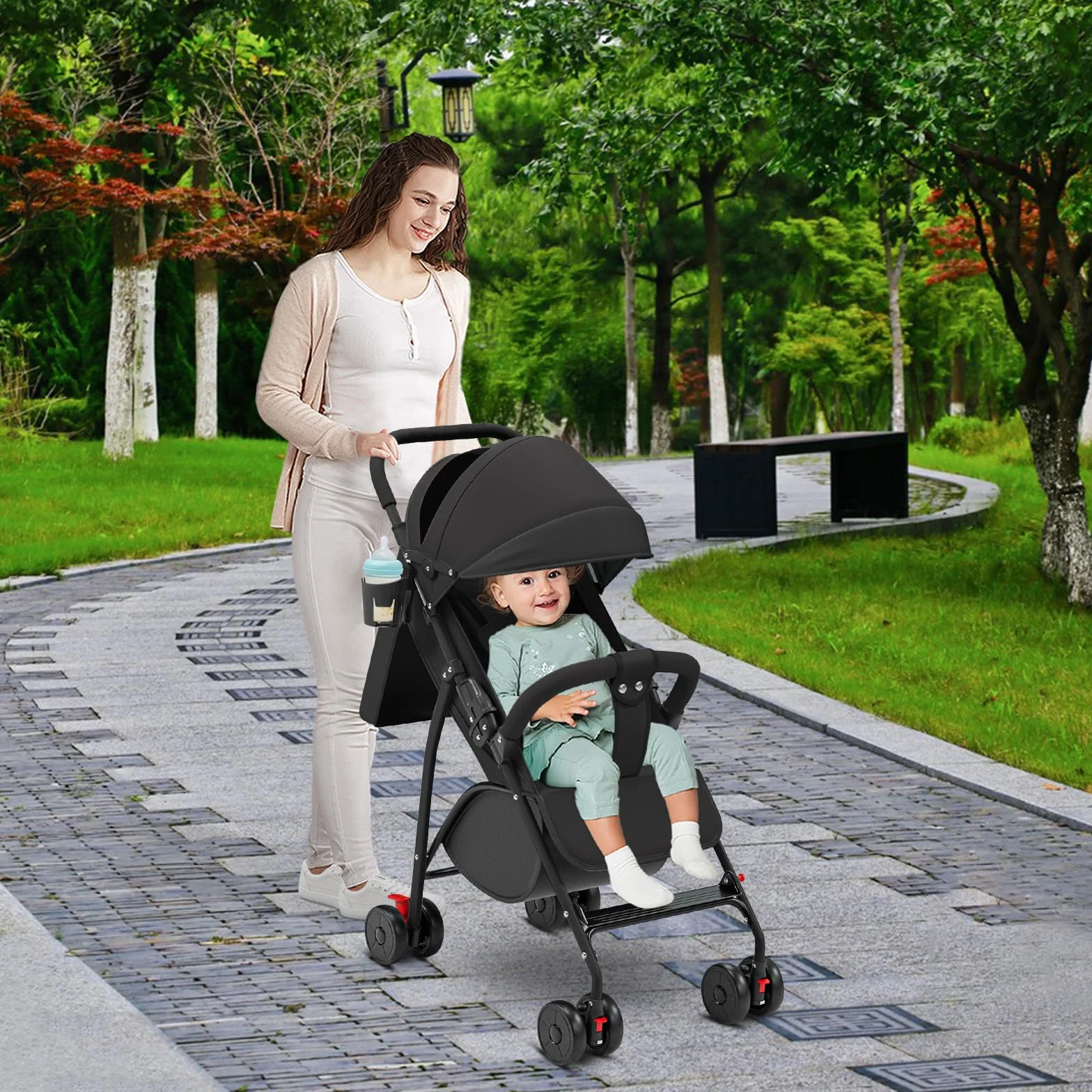 Passeggino Leggero e Compatto Pieghevole 0-4 anni 25 kg Schienale Reclinabile Piegatura Automatica 1 Passaggio Canopy C Nero