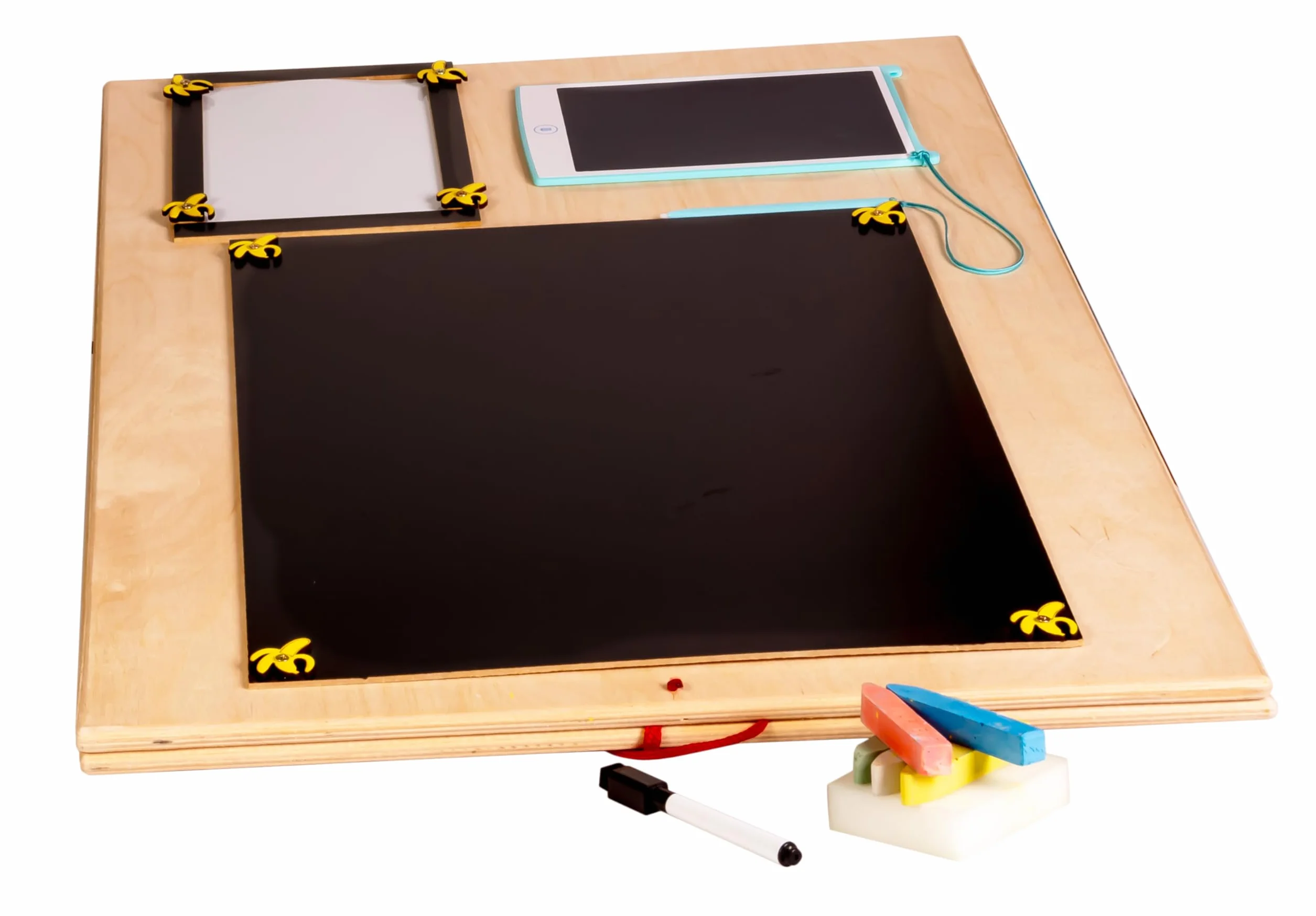Leo - Quadro di attività sensoriale Montessori Busy Board in legno autoportante double face naturale Zoo 75 cm