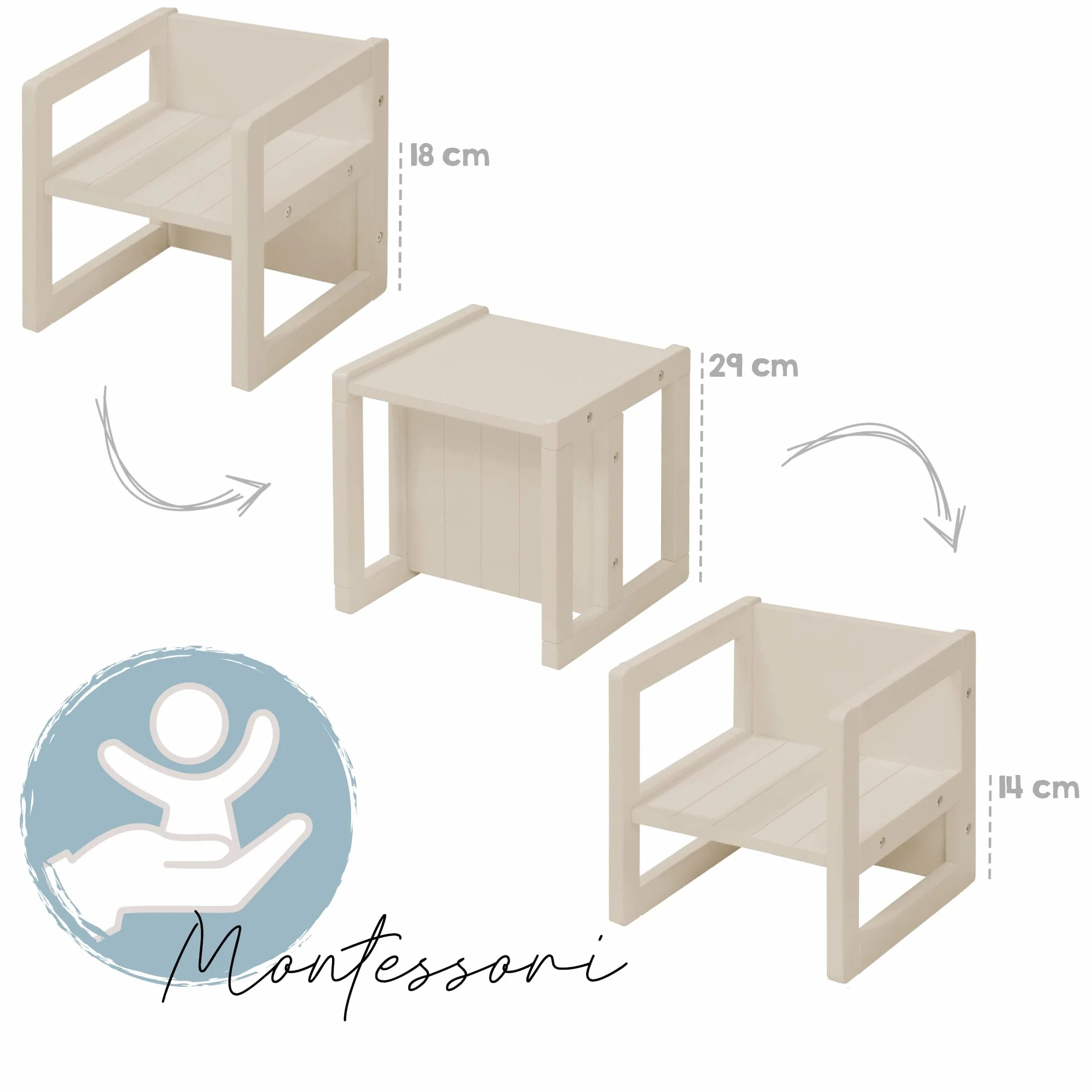 Sgabello per Bambini in Stile Country Reversibile 3 Altezze Seduta Legno Beige/Cashmere