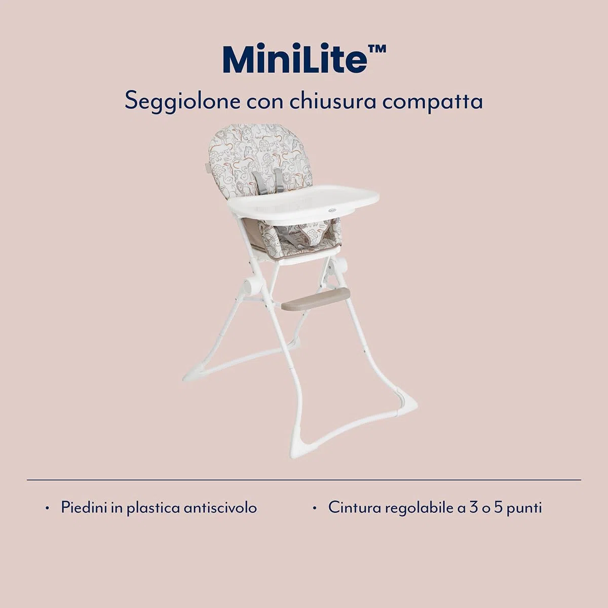 Graco - MiniLite™ Seggiolone con chiusura compatta, leggero con soli 4,7 kg, da 6 mesi fino a 3 anni circa (max. 15kg), fantasia Safari