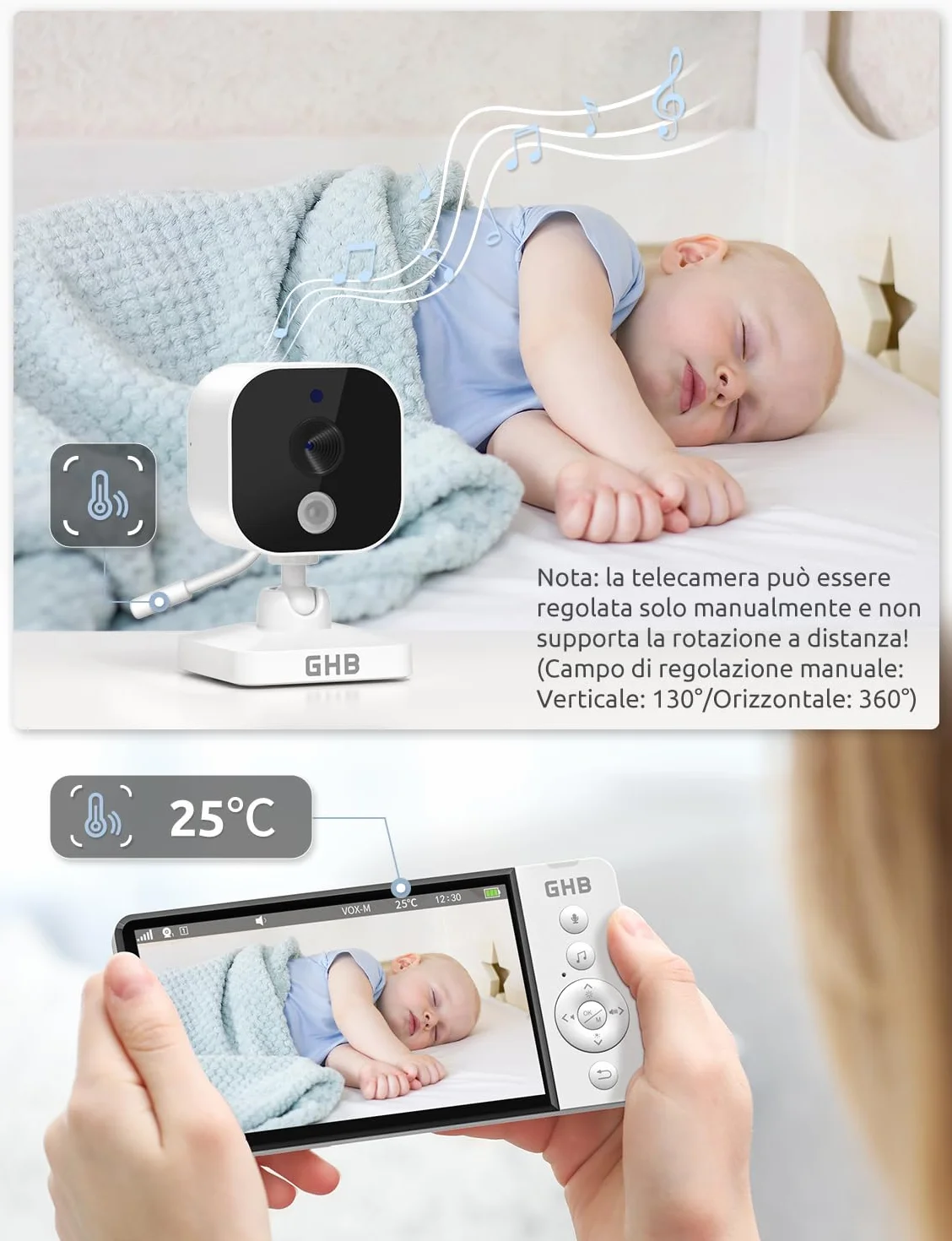GHB Baby Monitor Video e Audio 5" 720P HD Telecamera Bambini con Schermo IPS 5000mAh VOX Visione Notturna Rilevamento della Temperatura