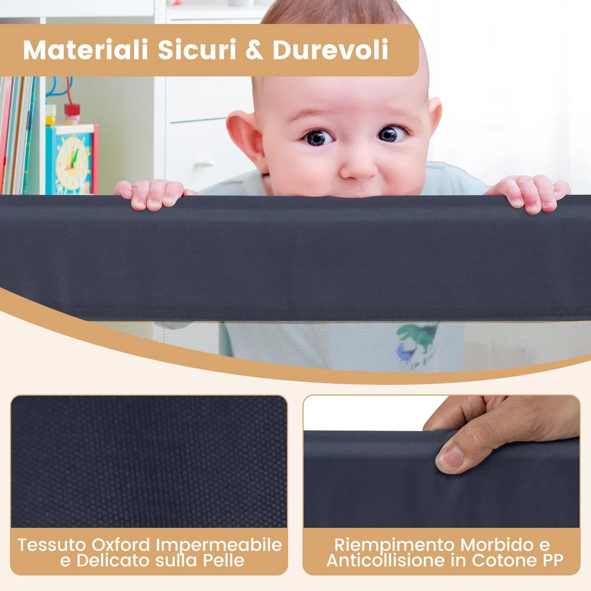 COSTWAY Sponda Letto per Bambini 105/120/150 cm, Barriera di Sicurezza per Neonati, Barriera Letto Pieghevole e Portatile, con Cinghia di Sicurezza (Grigio, 152 x 34 x 42 cm)