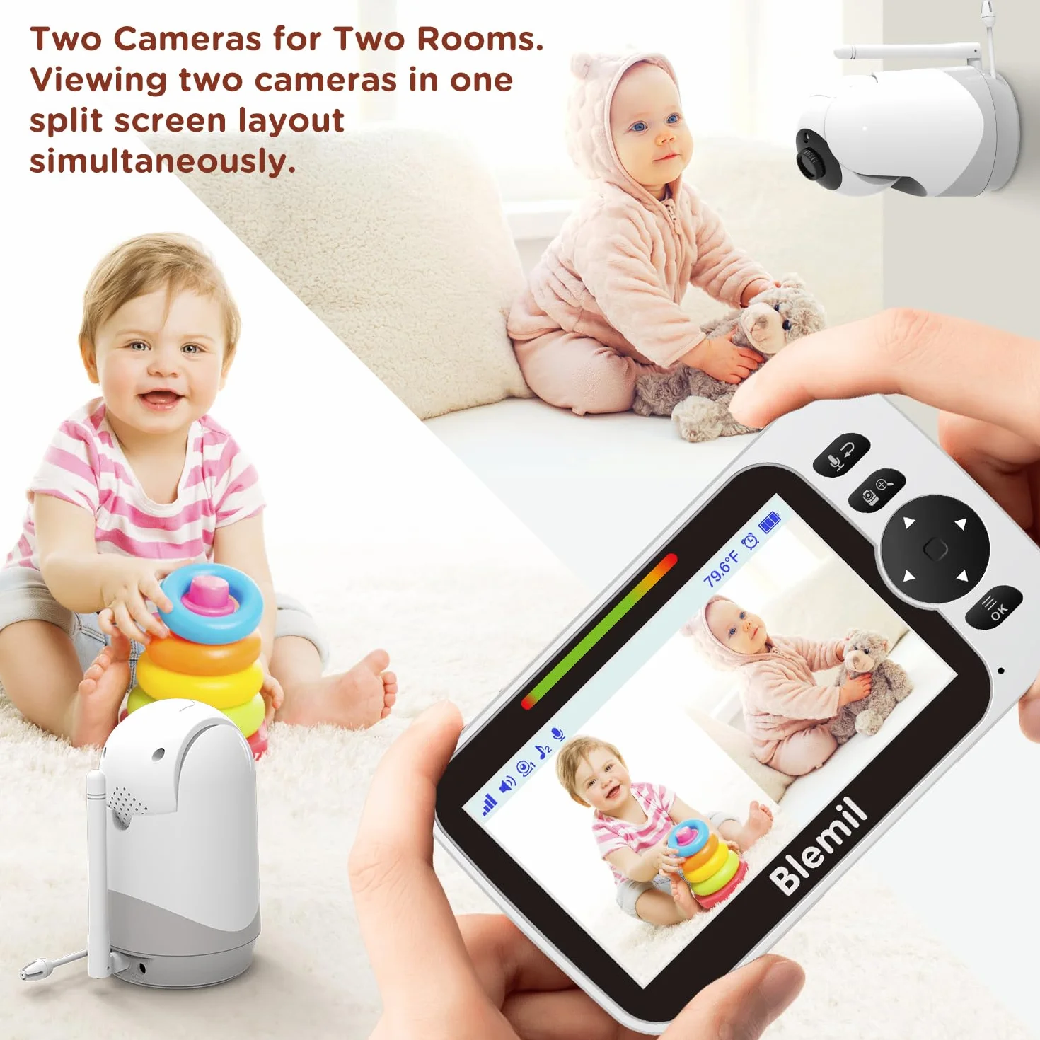 Blemil Babyphone Camera Video Monitor con telecamera e audio con batteria da 30 ore, schermo diviso da 5", telecamera con panoramica/inclinazione/zoom remoto