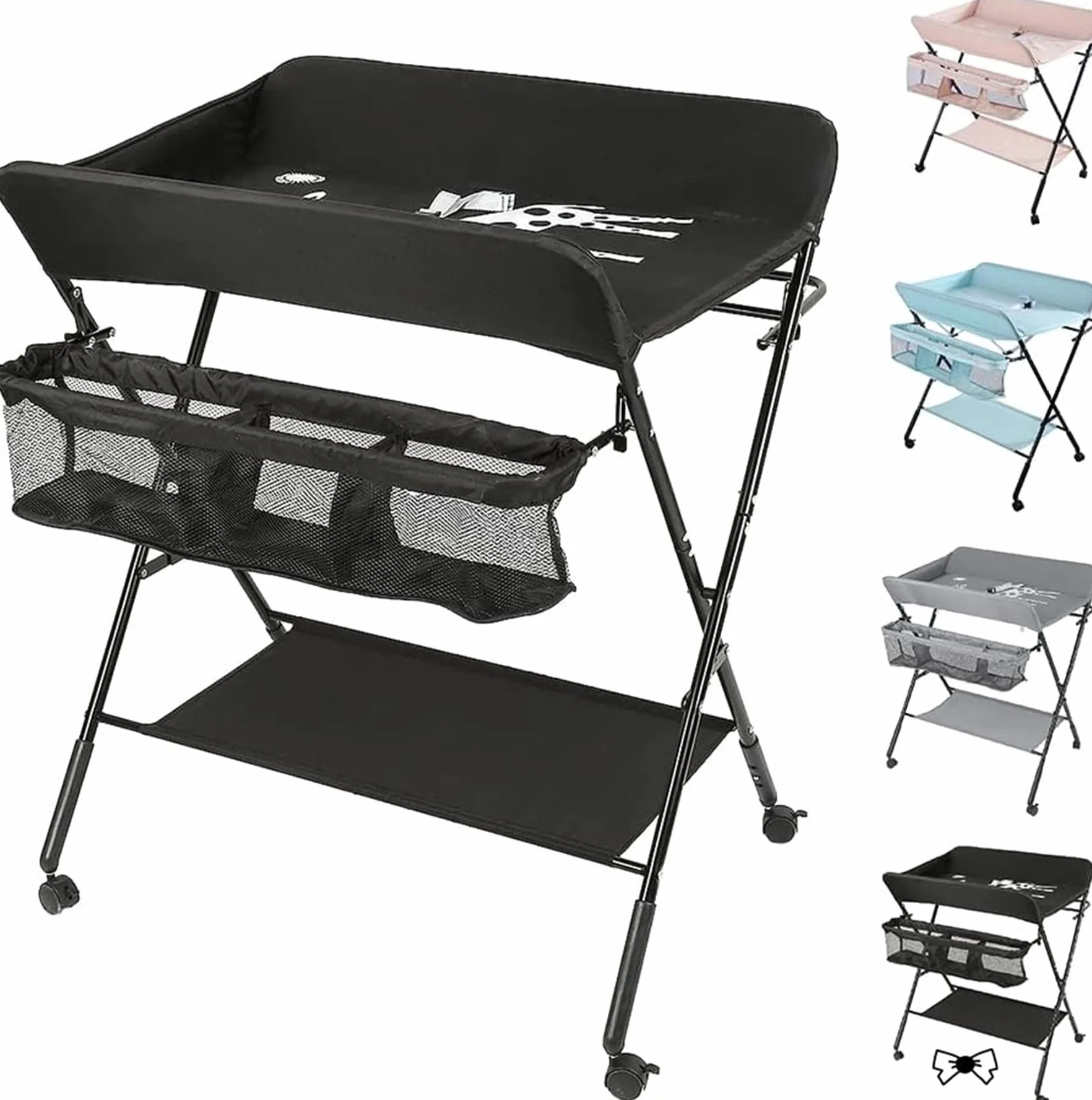 Fasciatoio Pieghevole per Neonato con Struttura Stabile, 4 Ruote con Freno, Portatile con Scomparti (80x66x98cm, Nero)