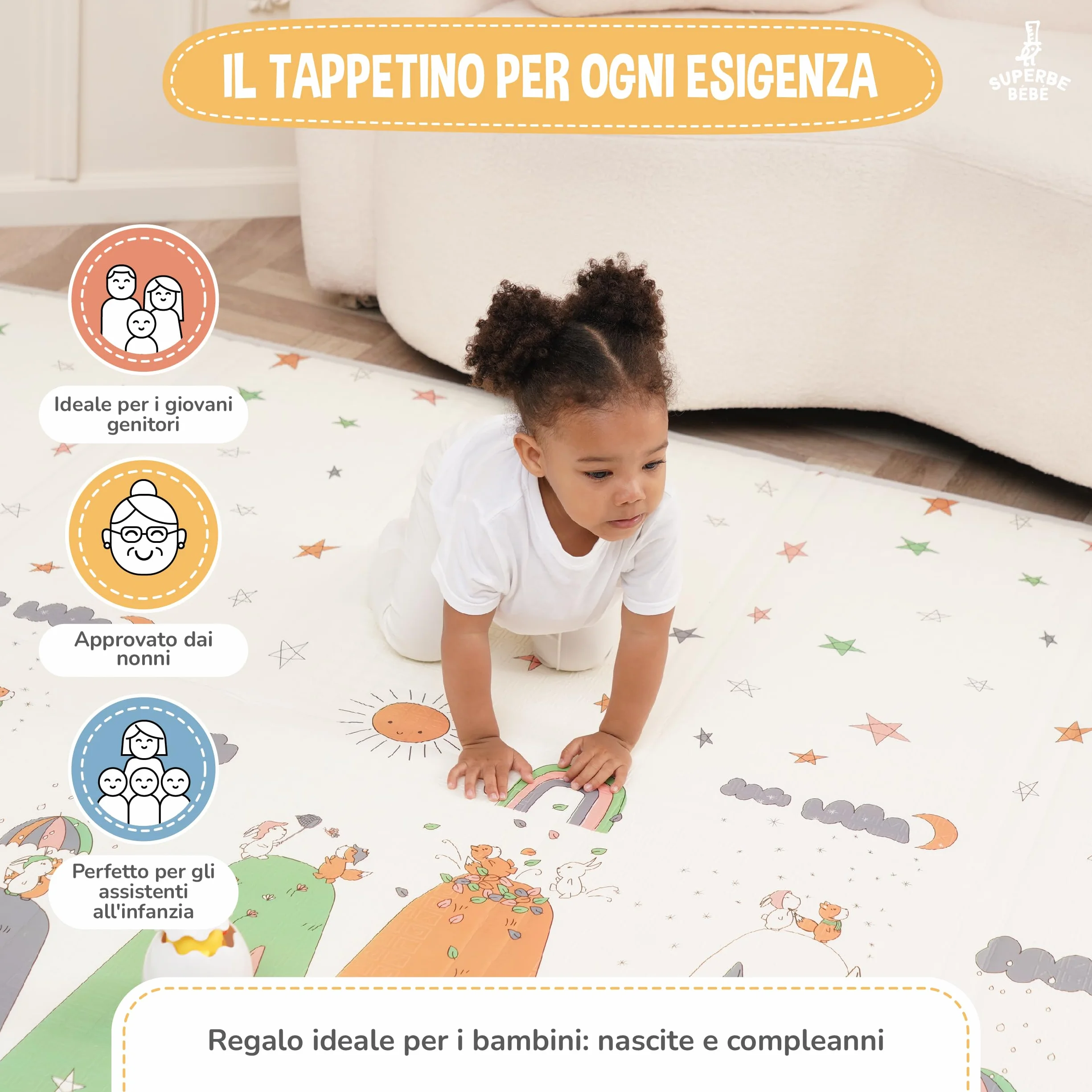 Tappeto Gioco Bambini Pieghevole 150x180x1cm Montessori Reversibile Impermeabile Schiuma Tummy Time Neonati