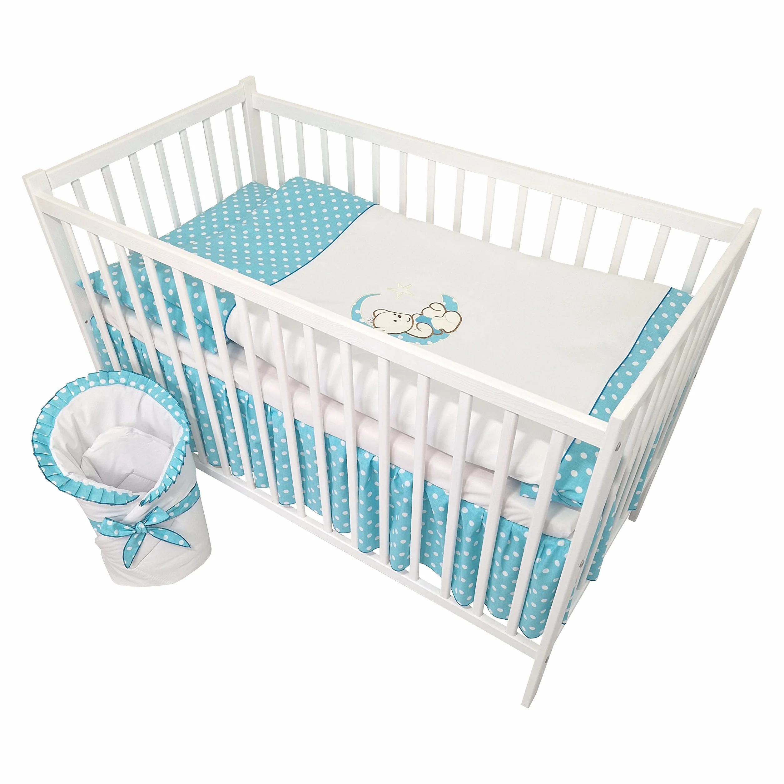 Happy Leo Set Completo 13 Pezzi Culla Lettino Materasso Regolabile Legno Massiccio Ricamato Orsetto Luna Azzurro
