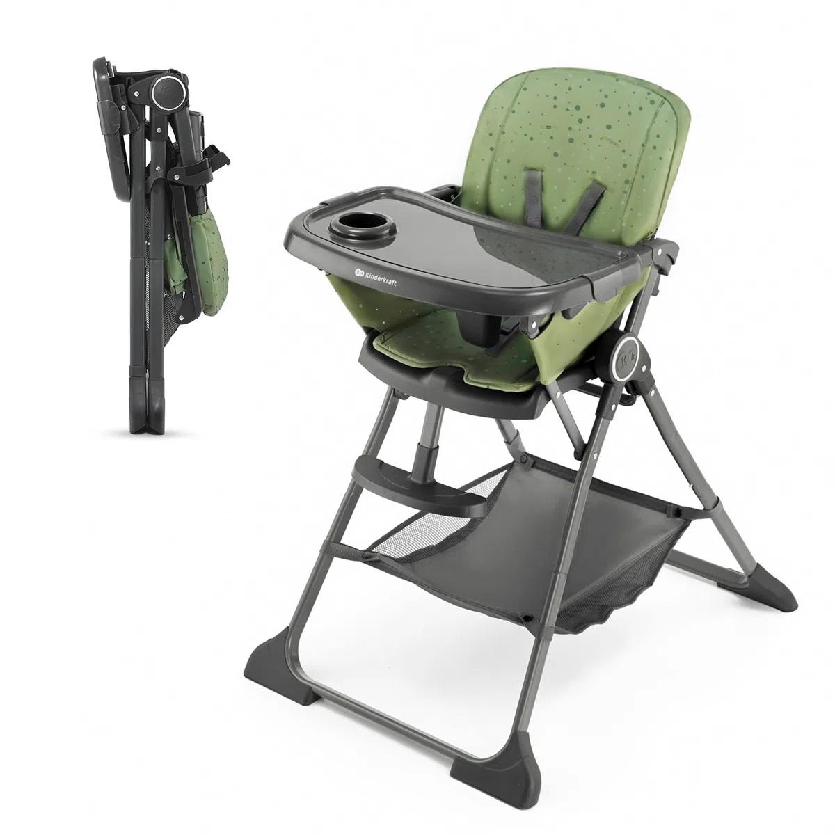 Kinderkraft FOLDEE Seggiolone Pappa, Portatile, Sedia bambini da tavolo, Pieghevole in dimensioni compatte, Schienale e poggiapiedi regolabile, con Vassoio e Cestello, Facile da pulire, Verde