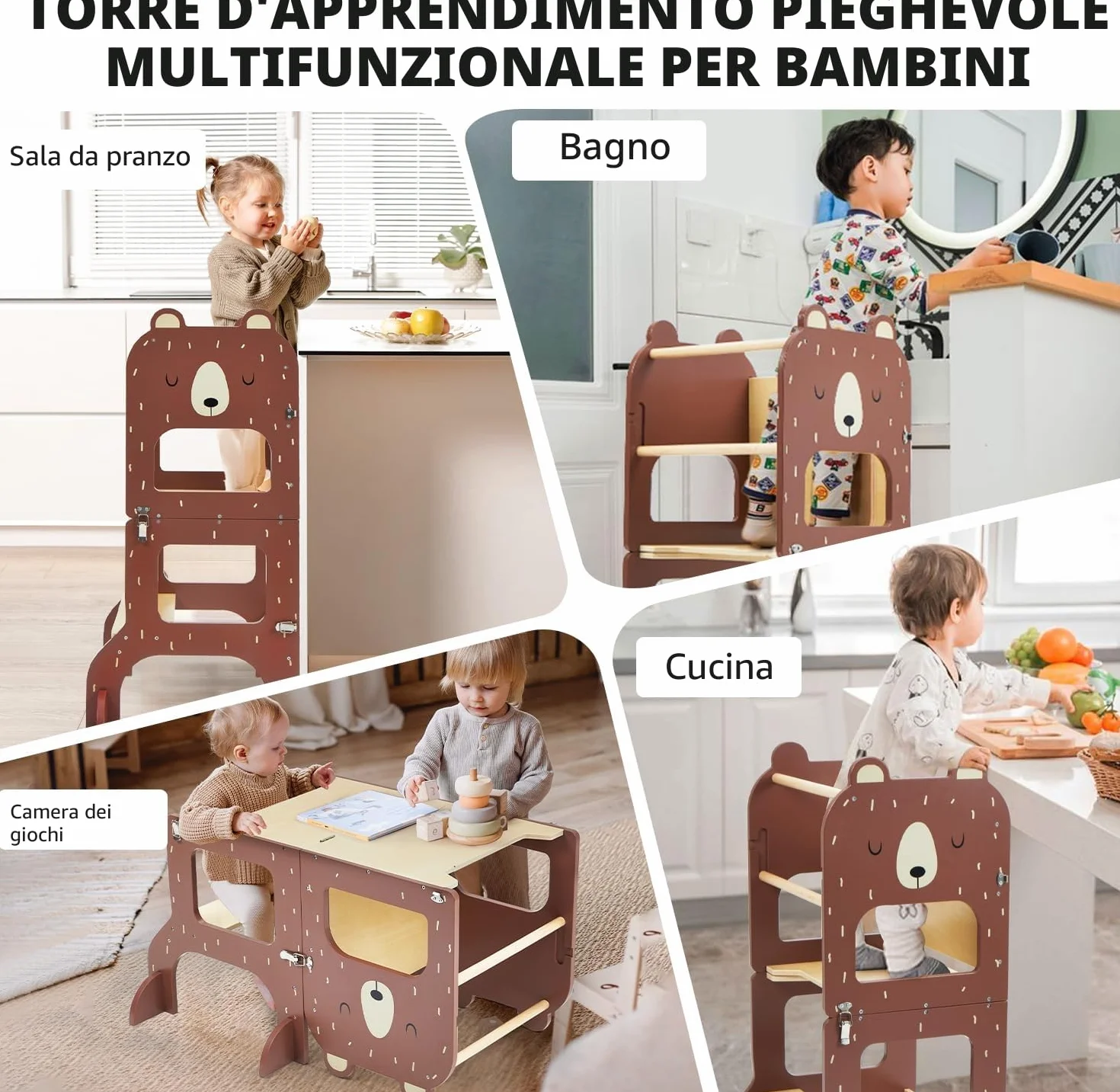 Labebe Torre Montessoriana Pieghevole in Legno 3 w 1 z Lavagna Orso Bruno
