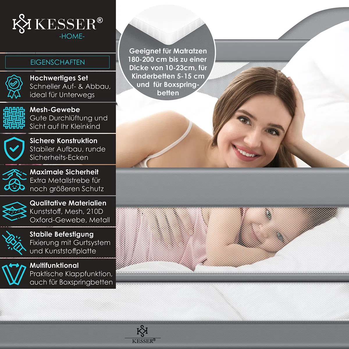 KESSER® Sponda da letto Protezione per letto Sponda da letto bambini Sponda da culla Barriera letto per bambini, Grigio chiaro - 180cm