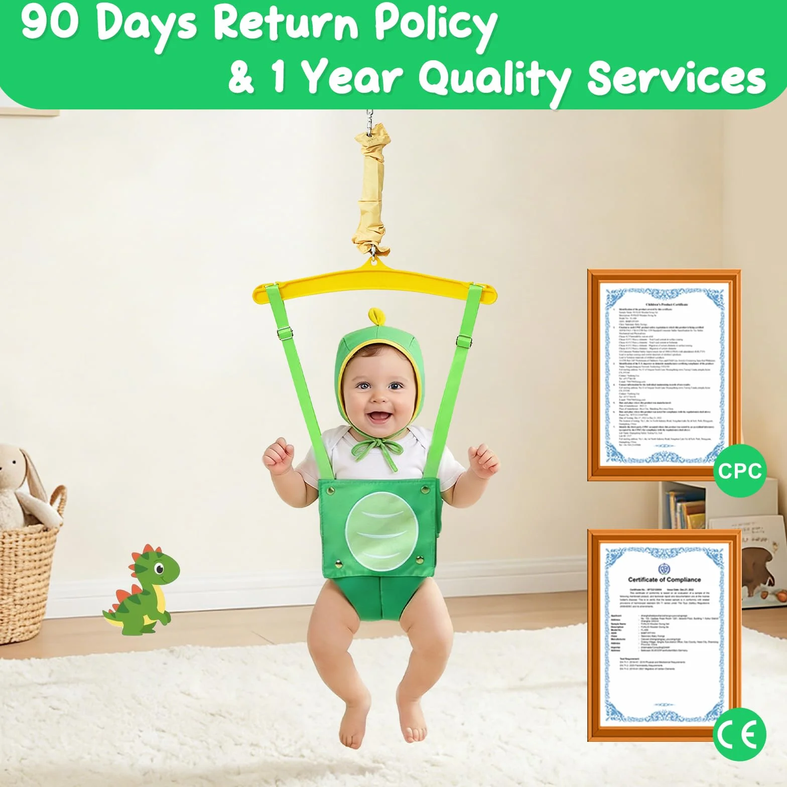 FUNLIO Baby Jumper con gancio da soffitto per 6–24 mesi, jumper da porta per interni ed esterni, con catena regolabile, facile da montare e riporre (con gancio da soffitto) – Dinosauro Verde