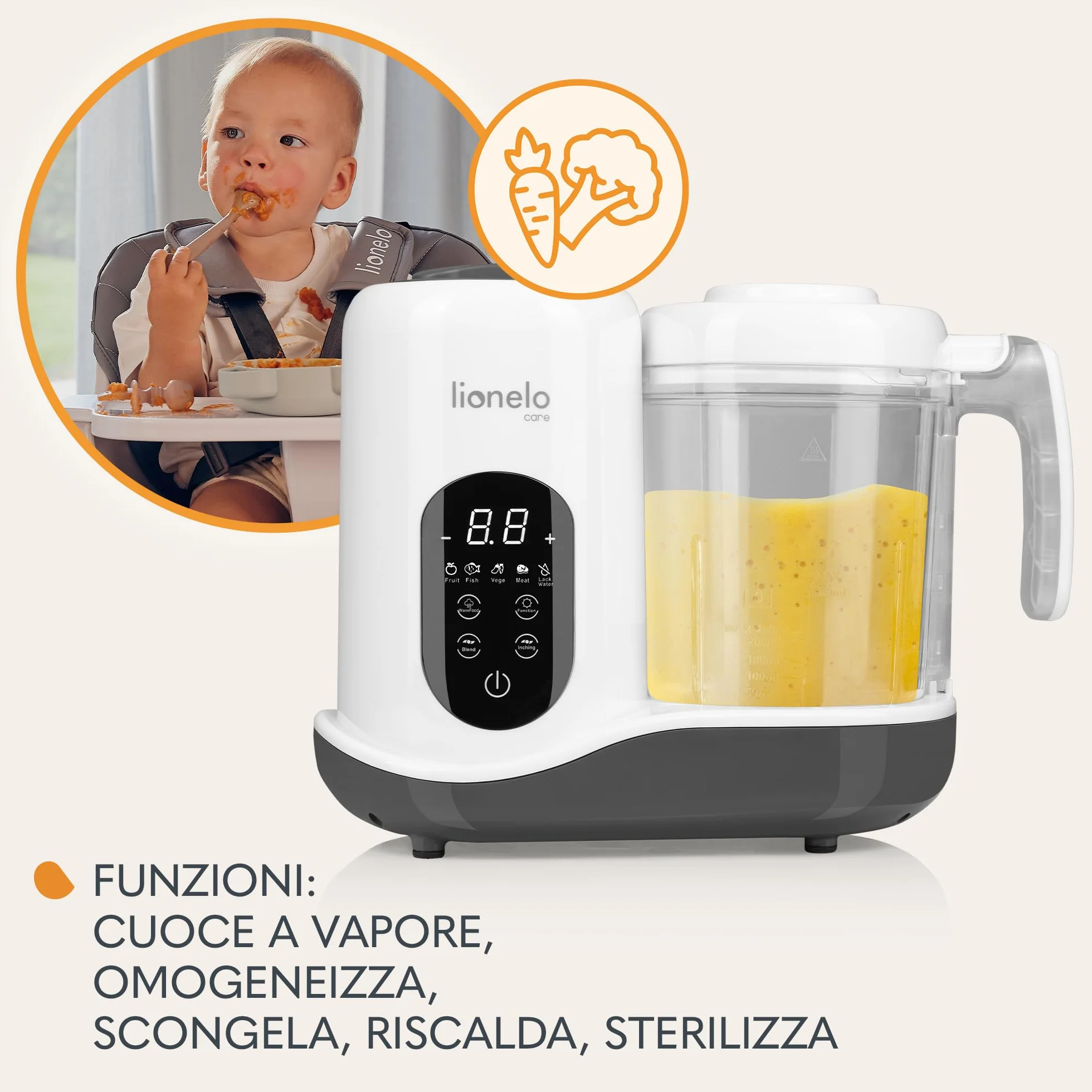 Lionelo BABYMENU 5in1 Robot Cucina e Scaldabiberon per Bambini: Cottura a Vapore, Frullatura, Riscaldamento, Scongelamento, Sterilizzazione, Senza BPA, 35 Ricette