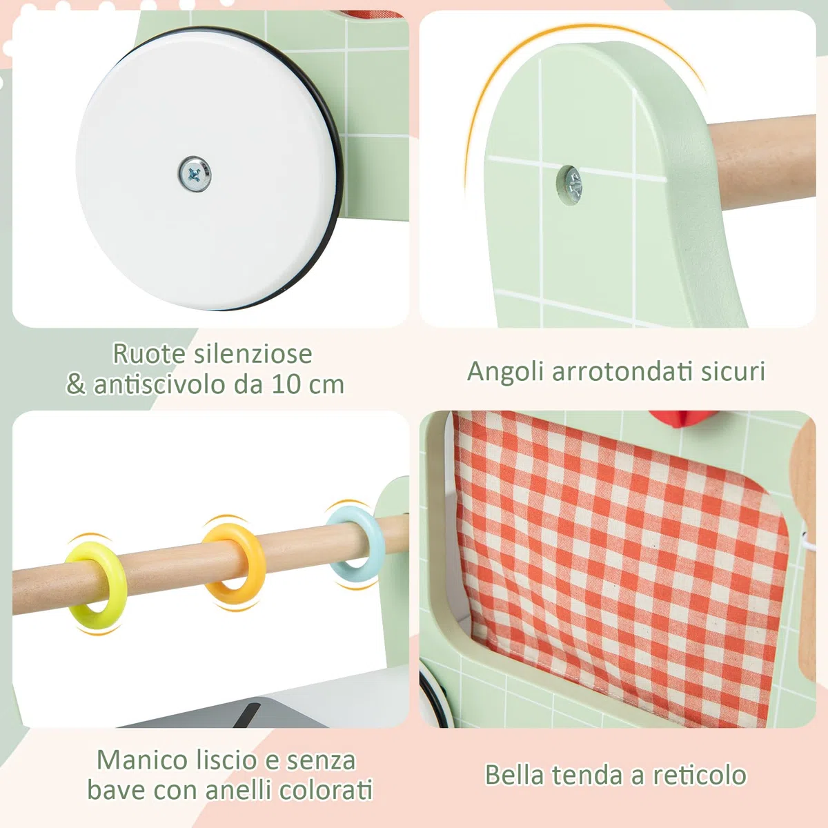 COSTWAY Carrello Primi Passi in Legno per Bambini, Centro Attività Montessori con Giacattoli, Gioco Educativo con Ruote, Girello per Bambini 12 Mesi +, 31 x 34,5 x 42 cm (Verde)