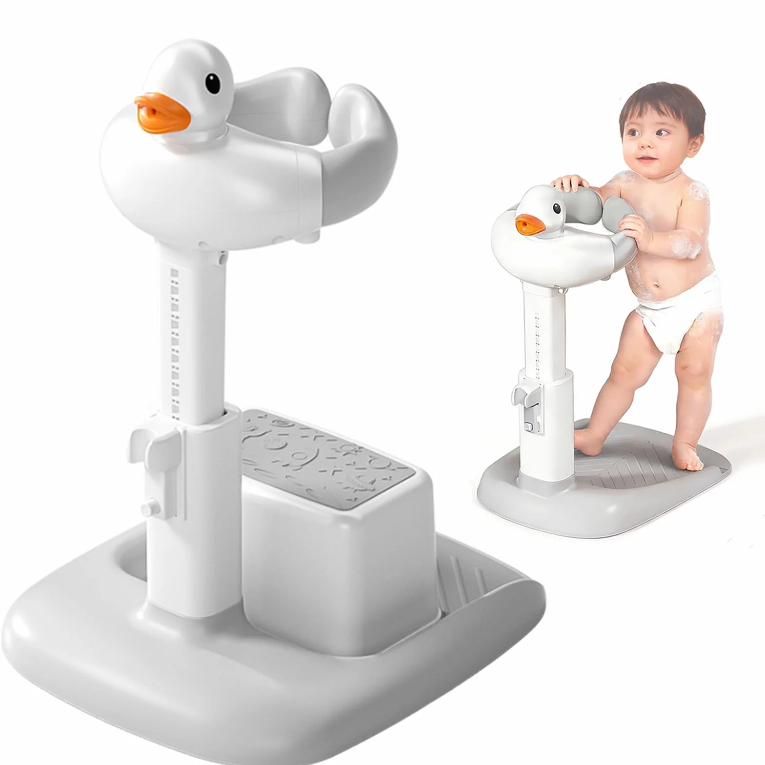 Supporto Doccia Bambini in Piedi per 6-36 Mesi, Seggiolino Doccia Bimbo Regolabile in Altezza con Base Antiscivolo, Bagnetto Neonato con Supporto a Forma di Paperella, Vaschetta Bagnetto Neonato
