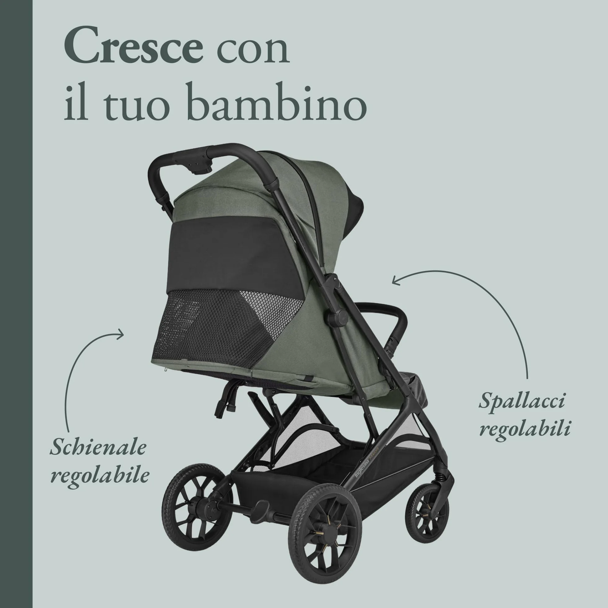 Inglesina Maior Passeggino Compatto 7,9 kg, Ruote Grandi Ammortizzate, Seduta Ampia All Season, UPF 50+, fino a 22 kg, Taiga Green