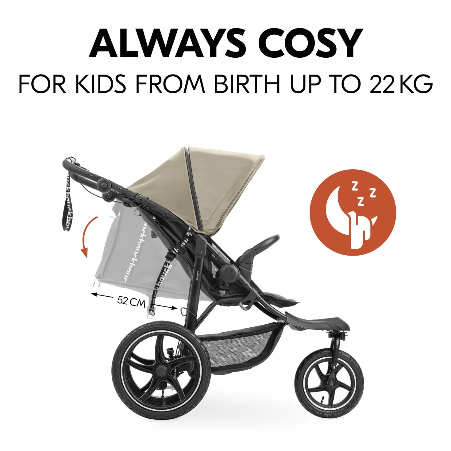hauck Runner 3 Passeggino robusto per tutti i terreni con freno a mano, cappa parasole XL, portabicchieri, parapioggia, ruote pneumatiche XL, schienale reclinabile fino a 22 kg