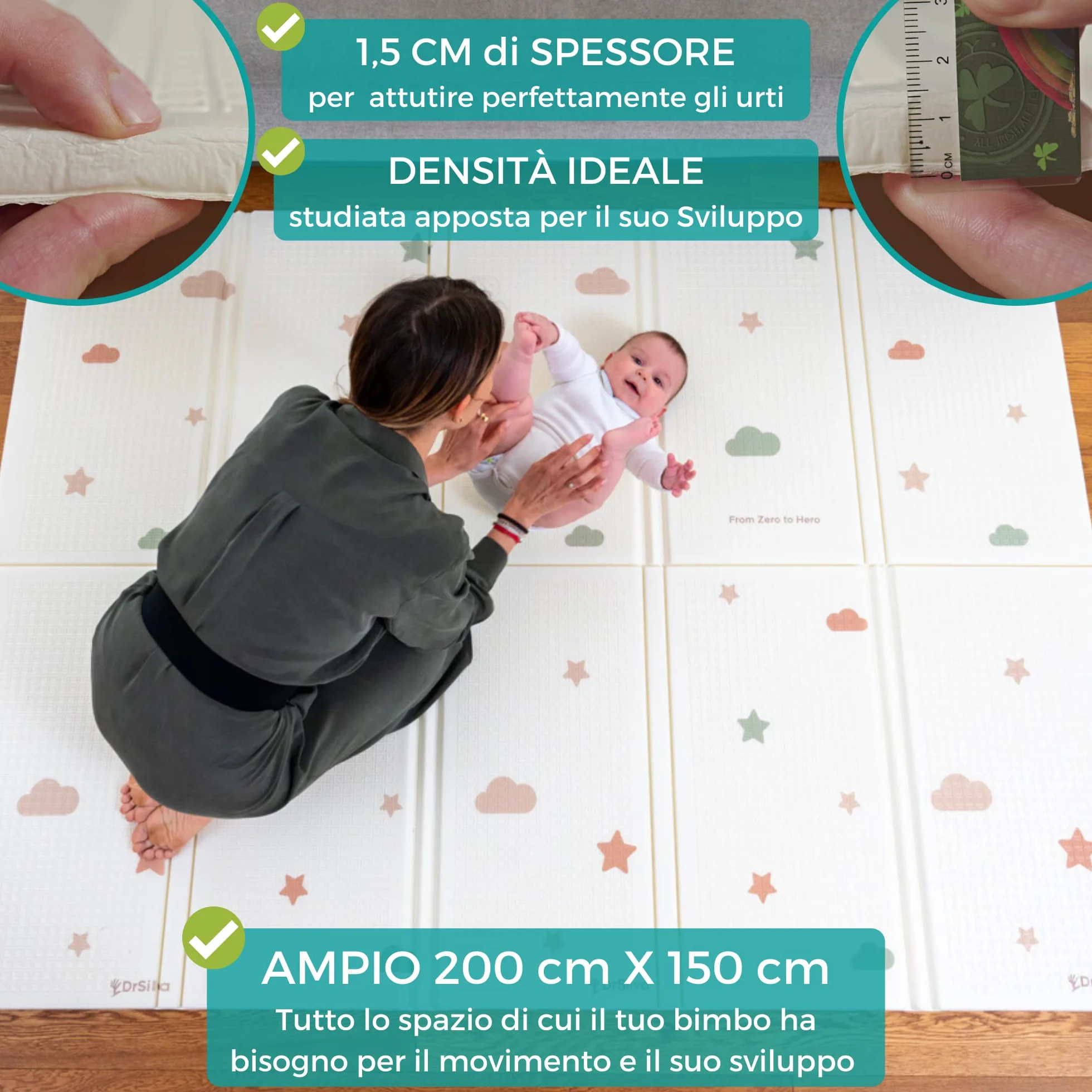 DR-SILVA Tappeto Gioco per lo Sviluppo Motorio di Bambini e Neonato. Sicuro, Atossico, Spessore 1,5 cm, Grande 200x150 cm, Pieghevole, Portatile, Anti-Scivolo, Lavabile, Morbido e Anti-urto.