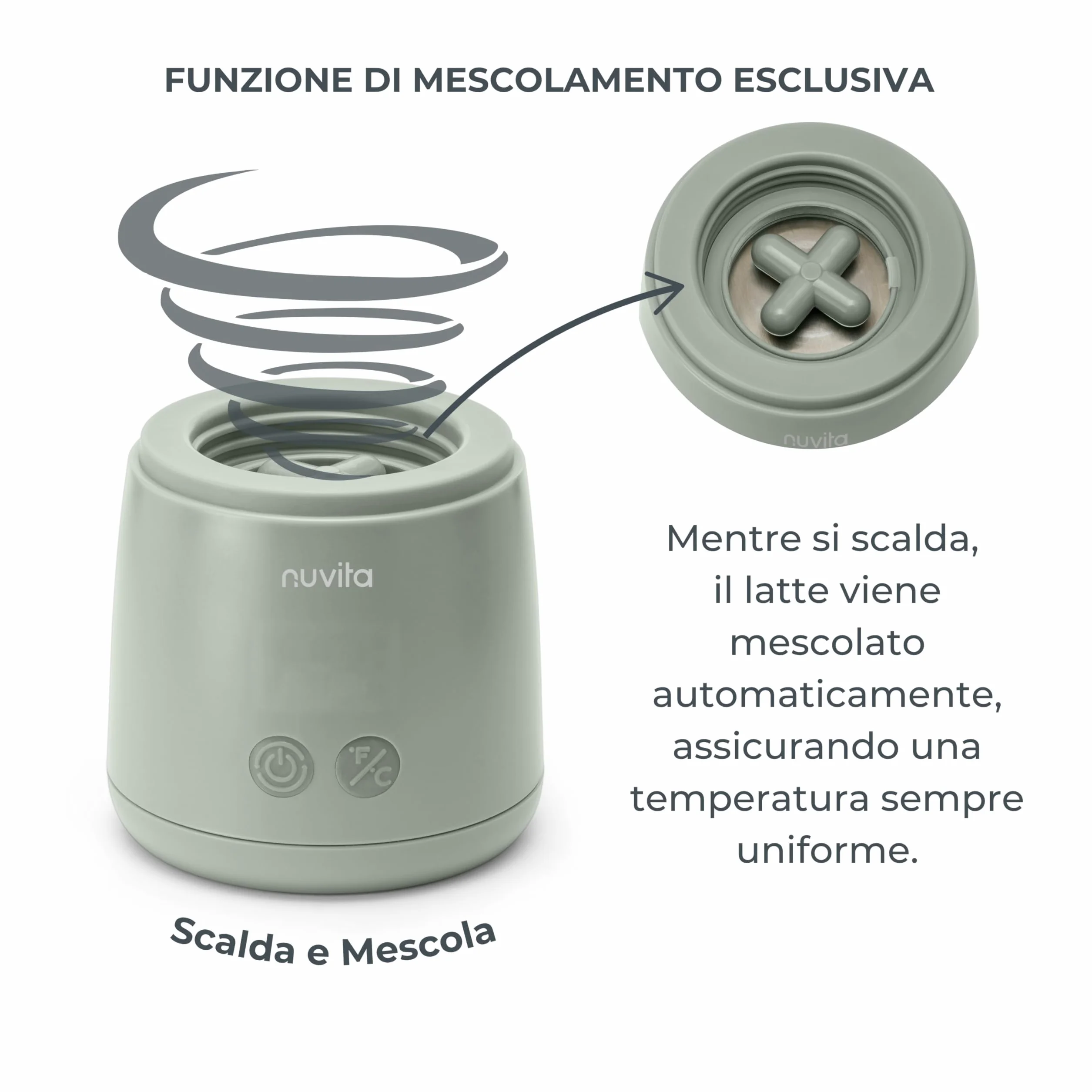 Nuvita 1164 Mix70 Scaldabiberon Portatile 70°C con Funzione Mescolamento, 5 Temperature fino a 70°C, Universale con 6 Adattatori Inclusi, Batteria Ricaricabile, Display LED, Senza BPA